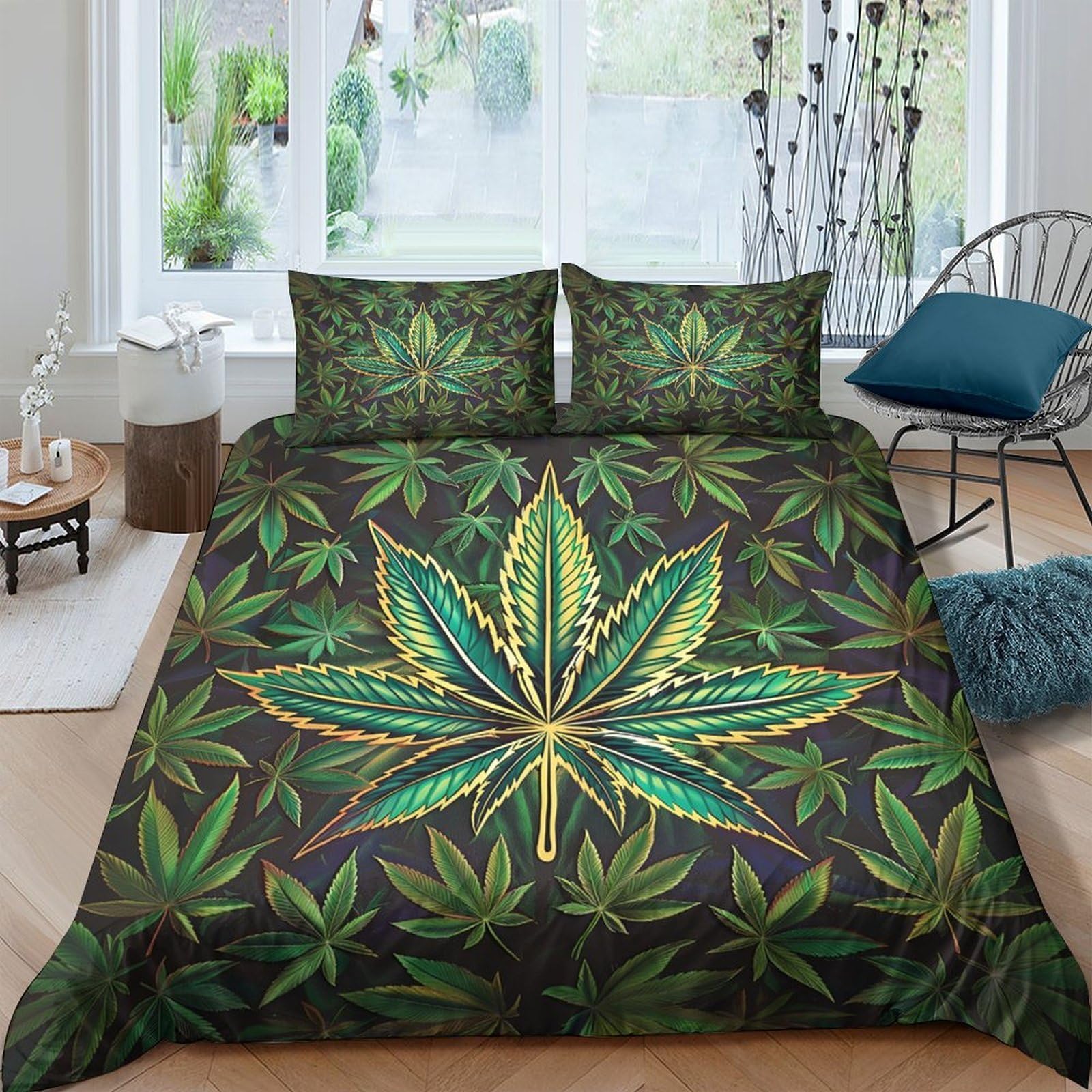 XFKLYNVCJ 3D Printed Marijuana leaf Duvet Cover Premium Polyester Stylized botanical illust Quilt Cover Lightweight Hypoallergenic for Birthday Gift Men Women Home Use King（220x240cm）