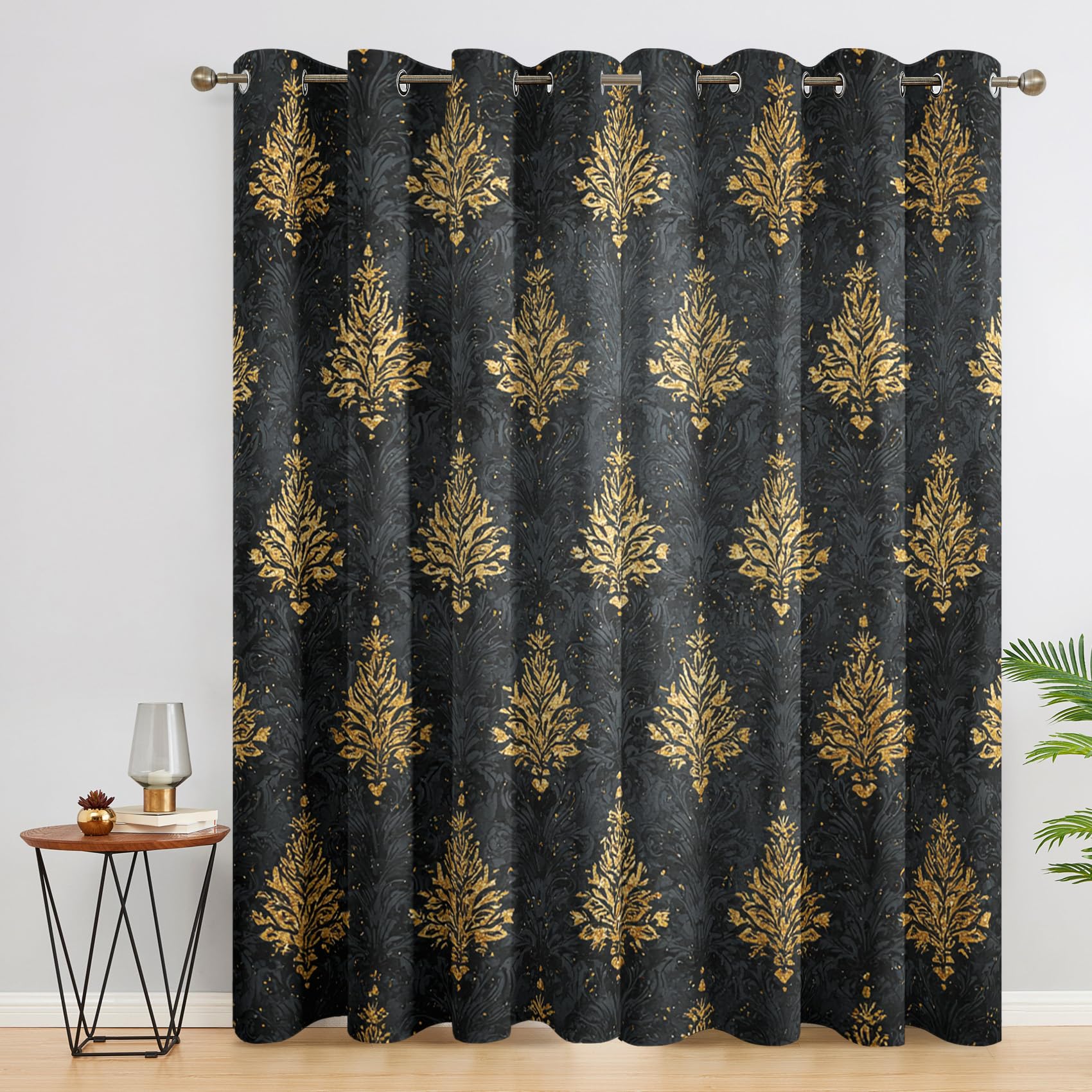 Generisch Blickdichte Vorhänge Schwarzes Damastmuster Muster, H 260 x B 140 2er Set - Viktorianischer Golden Blumen Fenster Gardinen mit Ösen, 260 cm Lang Curtains Wohnzimmer Schlafzimmer Deko S&V-27