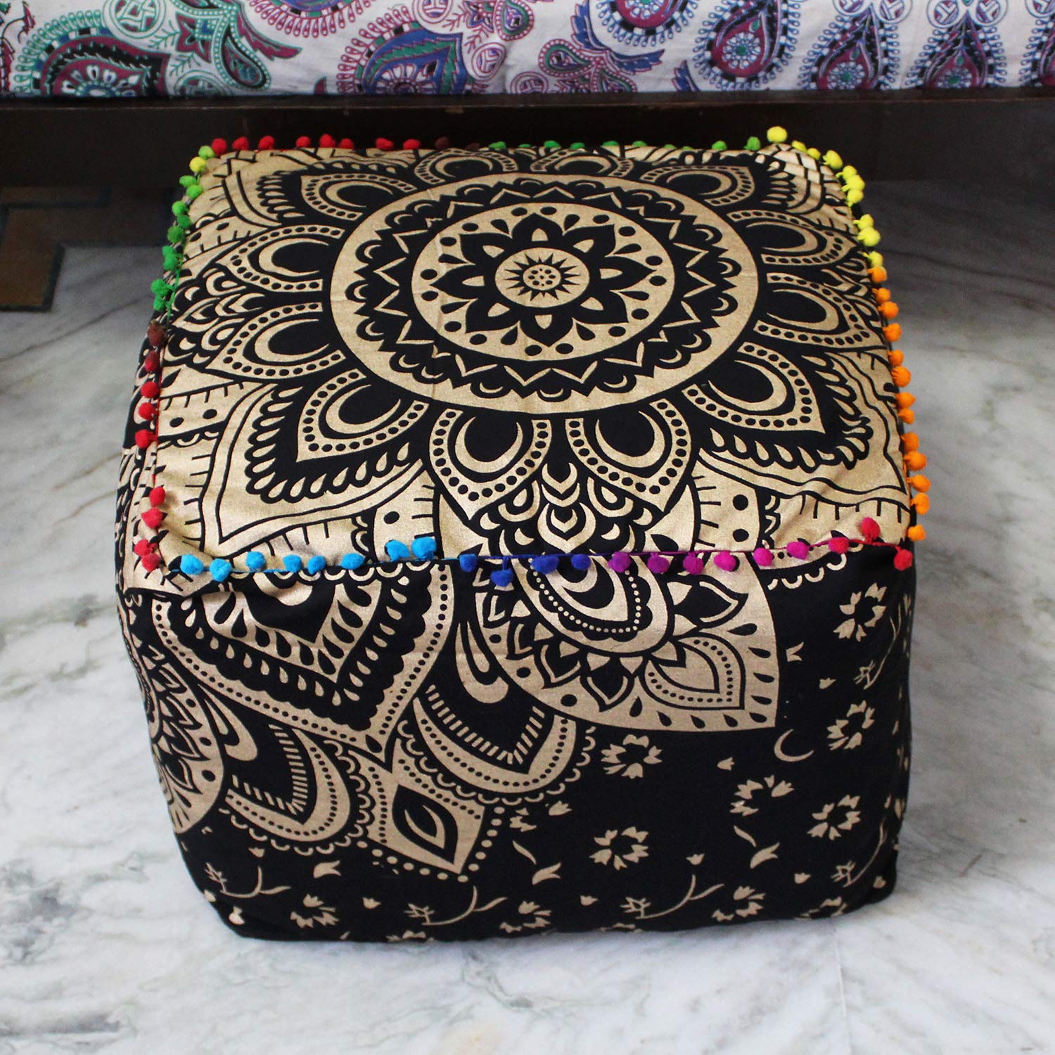 Mandala Meditation Floor Pillow Cover - 18x18x14 Inch Bohemian Square Cushion Cover, Hand Printed Cotton