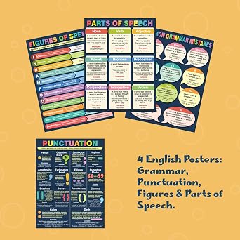 English Grammar Posters for Classroom - 4 English Language Educational Posters. Punctuation, Parts of Speech and Grammar Mistakes. Each poster is 11x17. Made in USA with a Dry-Erase UV Gloss Laminate