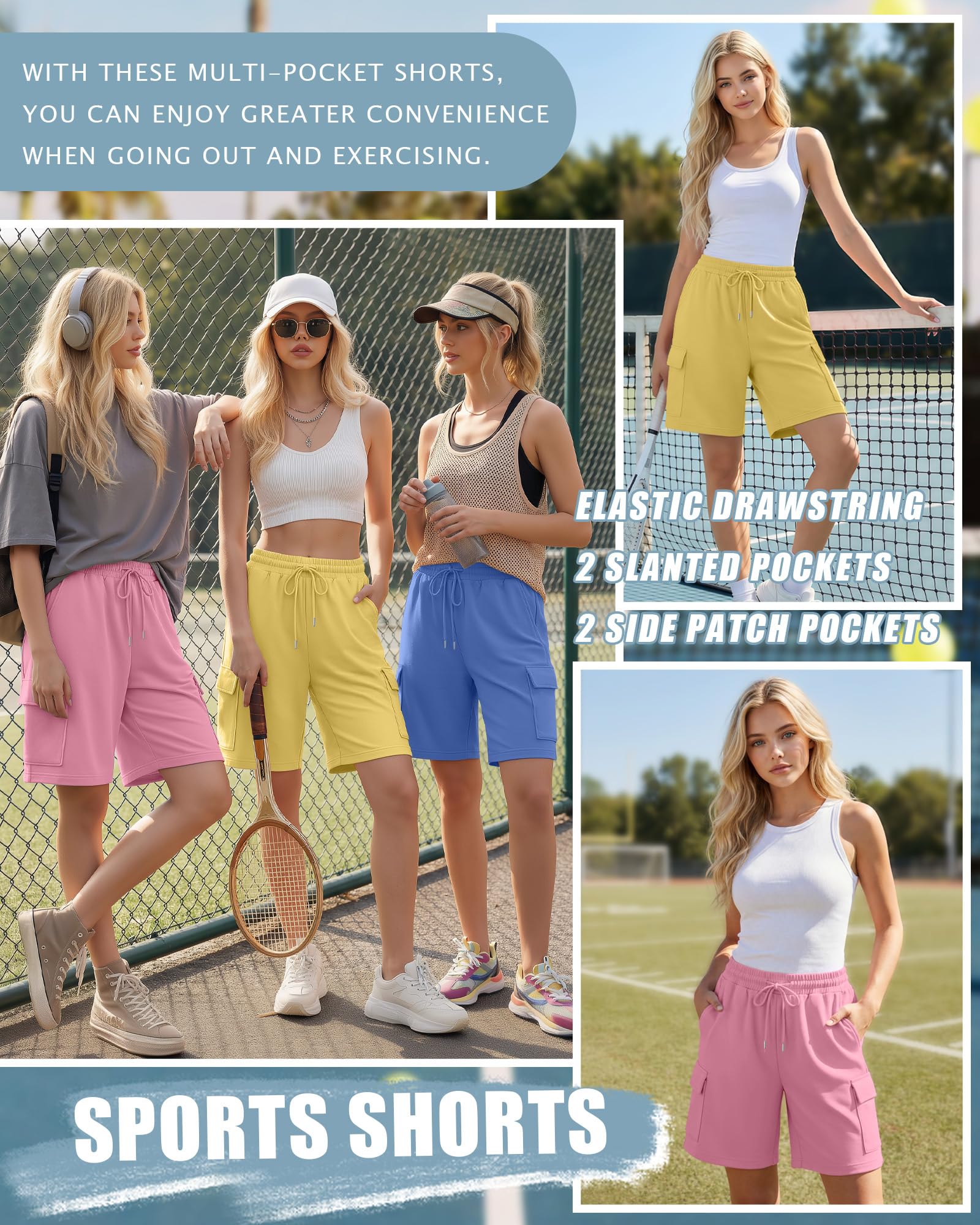 Neer Pack de 3 Pantalones Cortos Cargo para Mujer, Cintura elástica, con cordón, Longitud hasta la Rodilla, Estilo Informal, Bolsillos Cargos