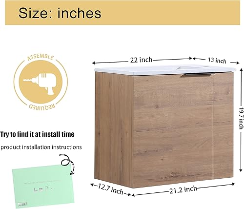 Miniatura 2 de Malwee Tocador de baño flotante de 22 pulgadas con lavabo, Tocador de baño de lavabo individual de 22 pulgadas montado en la pared, con 1 puerta y