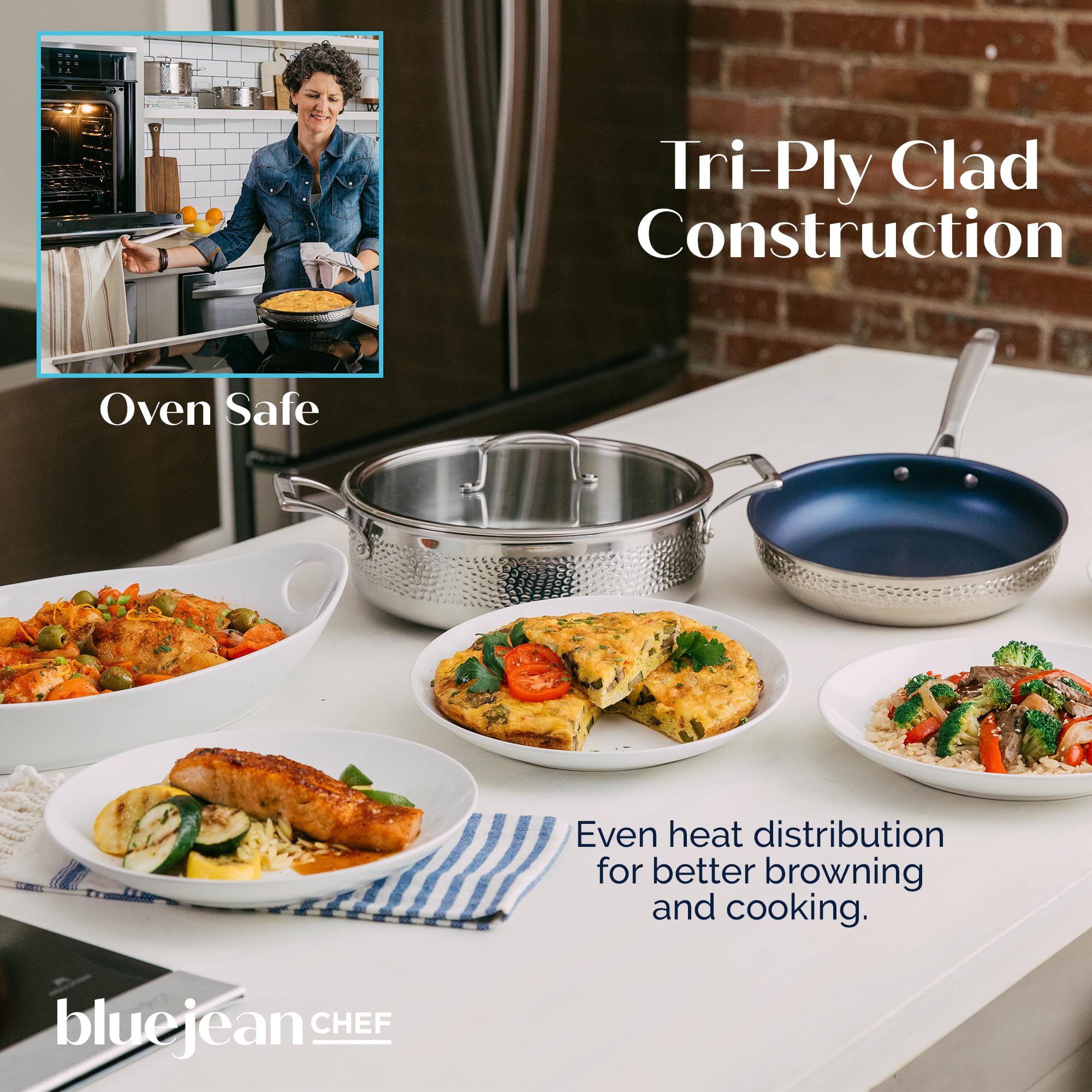 The Blue Jean Chef Batterie de cuisine 3 pièces en acier inoxydable, finition martelée, batterie de cuisine triple couche, antiadhésive, passe à l'induction, au four et au lave-vaisselle
