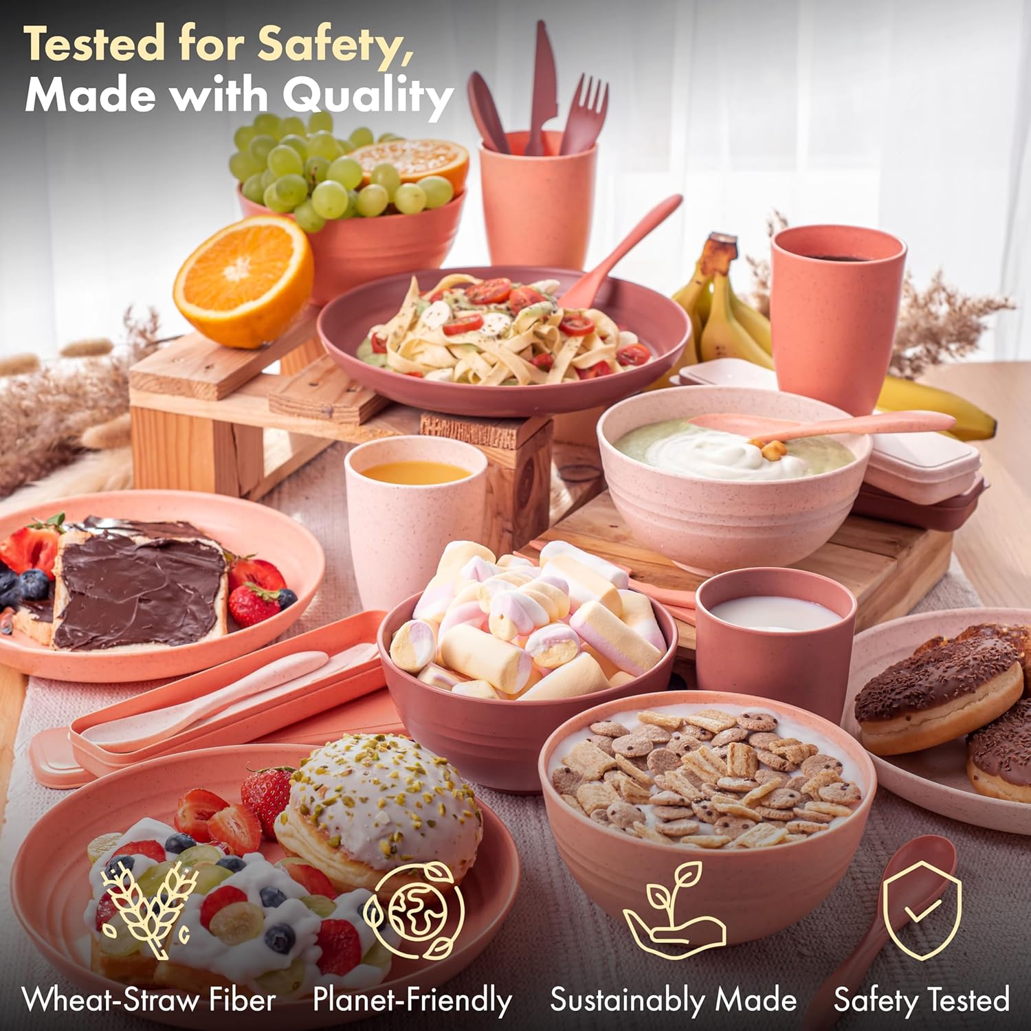 FOODLE Wheat Straw Dinnerware Set - BPA Free & Safety Tested - Unbreakable, Microwave & Dishwasher Safe Dishes - Toddler & Kids Plates and Bowls Sets - College Dorm Room Essentials for Girls - For 4