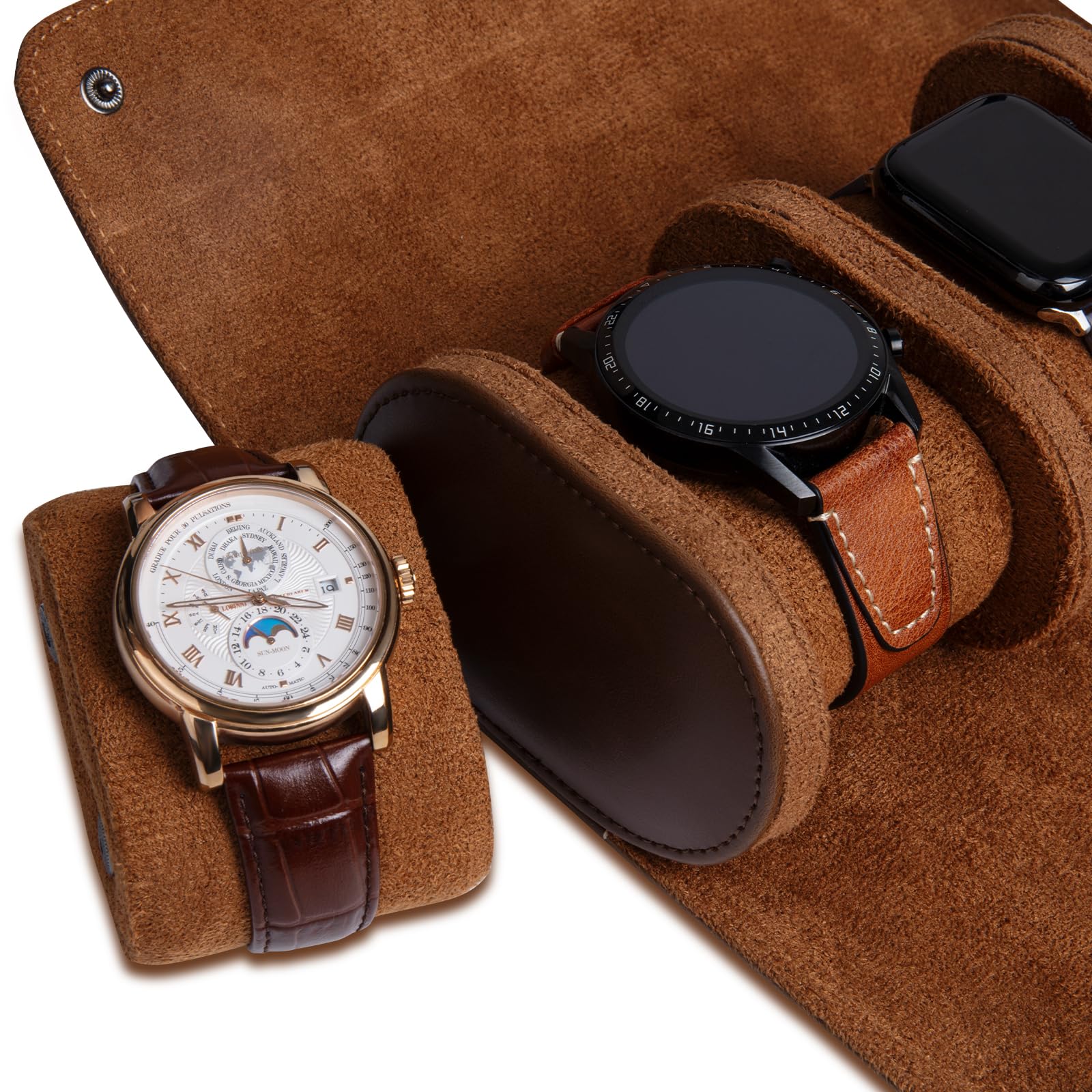 Caja de Reloj cilíndrica con 3 Ranuras, Estuche de viaje para reloj, Caja de Reloj Vintage para Hombres y Mujeres - Versión mejorada Marrón