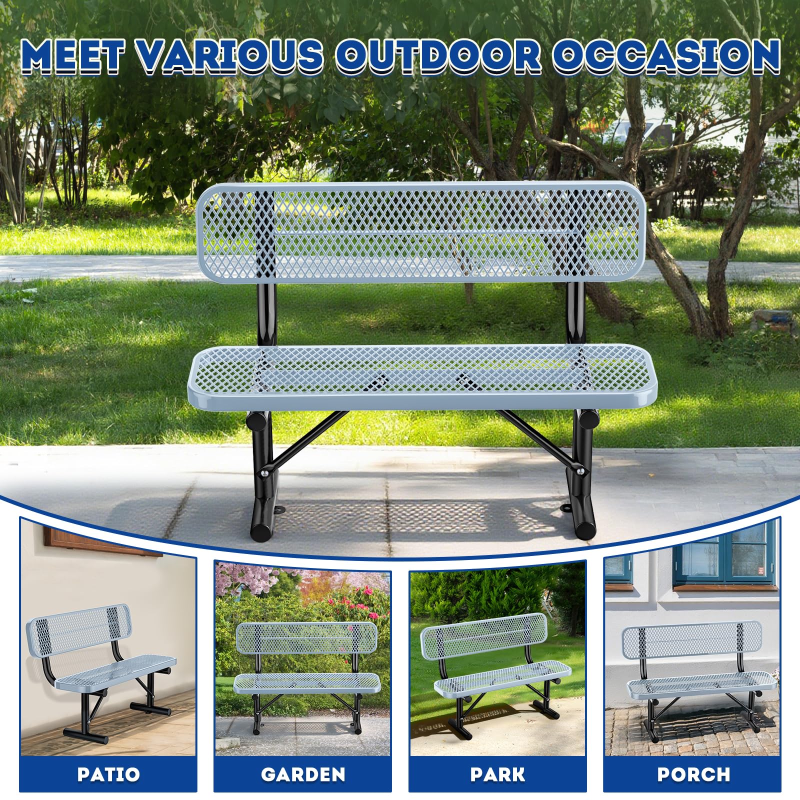 Thermoplastic Coated Iron Park Bench for Outside, Heavy Duty Metal Garden Bench, Expanded Commercial Grade Seating for Shopping Malls, Lawn Yard Porch Entryway (Grey with Backrest, 48IN)