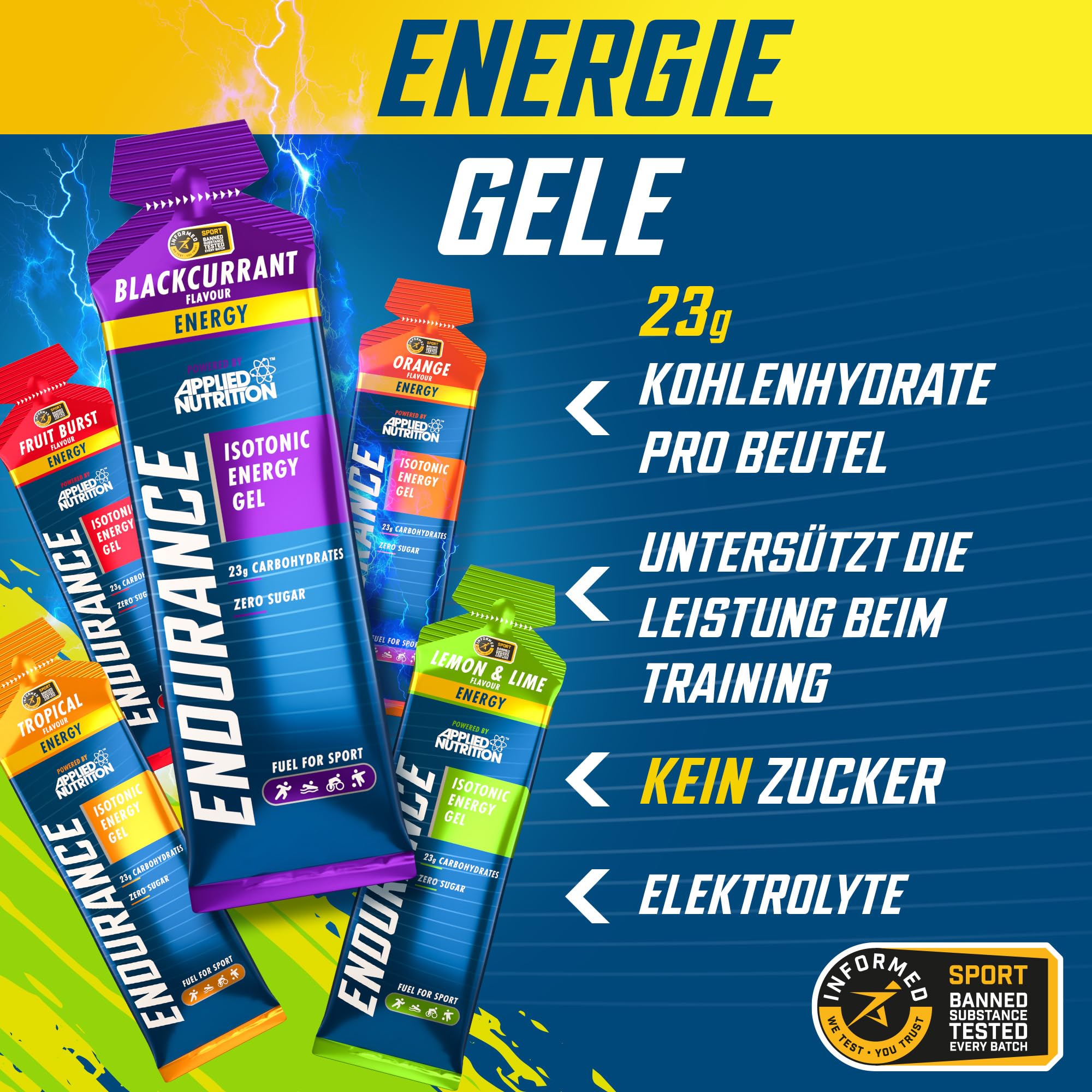 Applied Nutrition Isotonic Energy Gel | Performance-Enhancing Formula | Zero Fat Zero Sugar | 23g Carbohydrates Caffeine Free Sportgel (Pack of 6 x 60g) (Variety Pack)