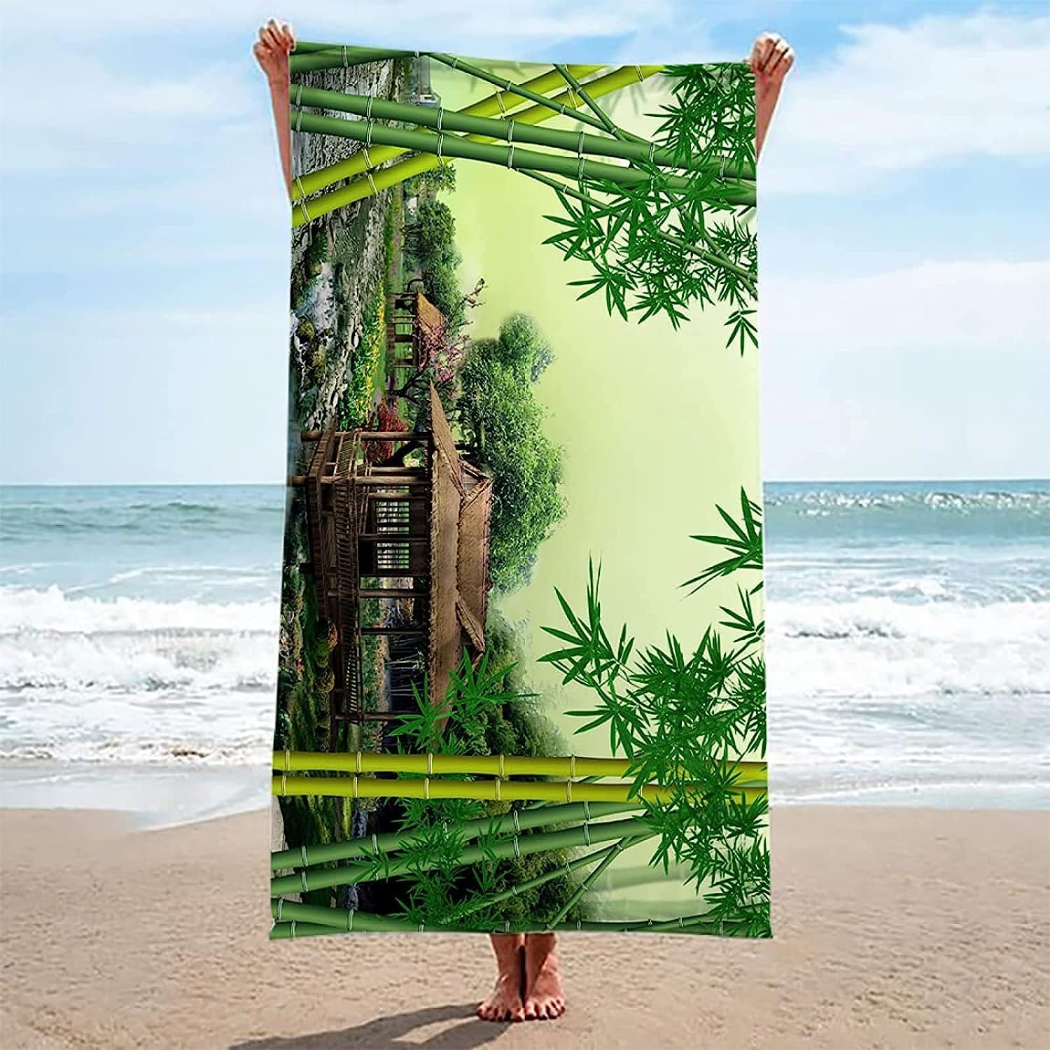 Schnelltrocknend Strandtücher 150 X 200 cm Holzhaus Grüner Bambus Schnelltrocknende Und Stranddecke Für Den Strand Badetuch Groß Reisehandtuch Reise Strand Sauna -4I2M-Q7L