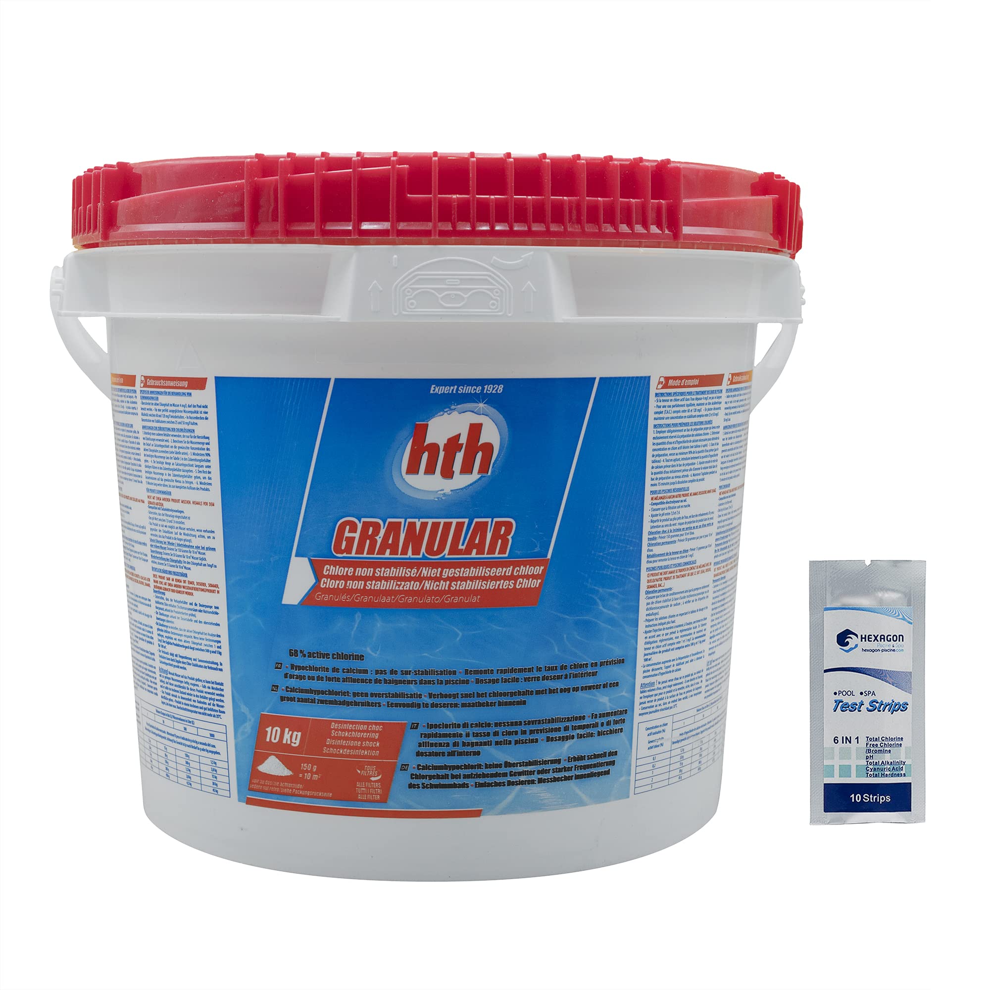 HTH GRANULAR Granulés - 10kg | Chlore Choc Non Stabilisé - Désinfection Choc - Hypochlorite de Calcium à Dissolution Rapide + 10 Tests HPS OFFERTS 6 en 1