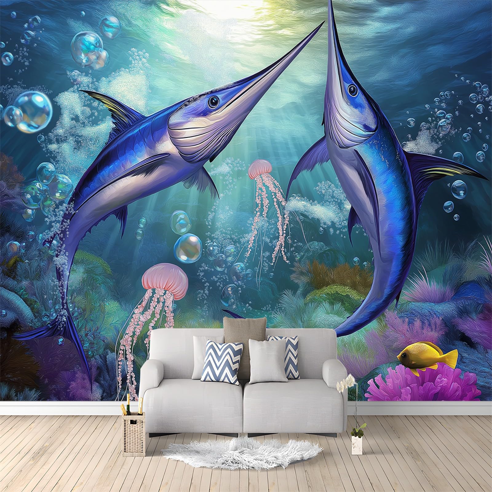 Photo Wallpaper Sea Animal Fish Blue 500x280 cm Non-Woven Murals Wall Papers, 3D Large Poster Mural Bedroom Living Room Sofa TV Backdrop Wall Murals Wallpaper
