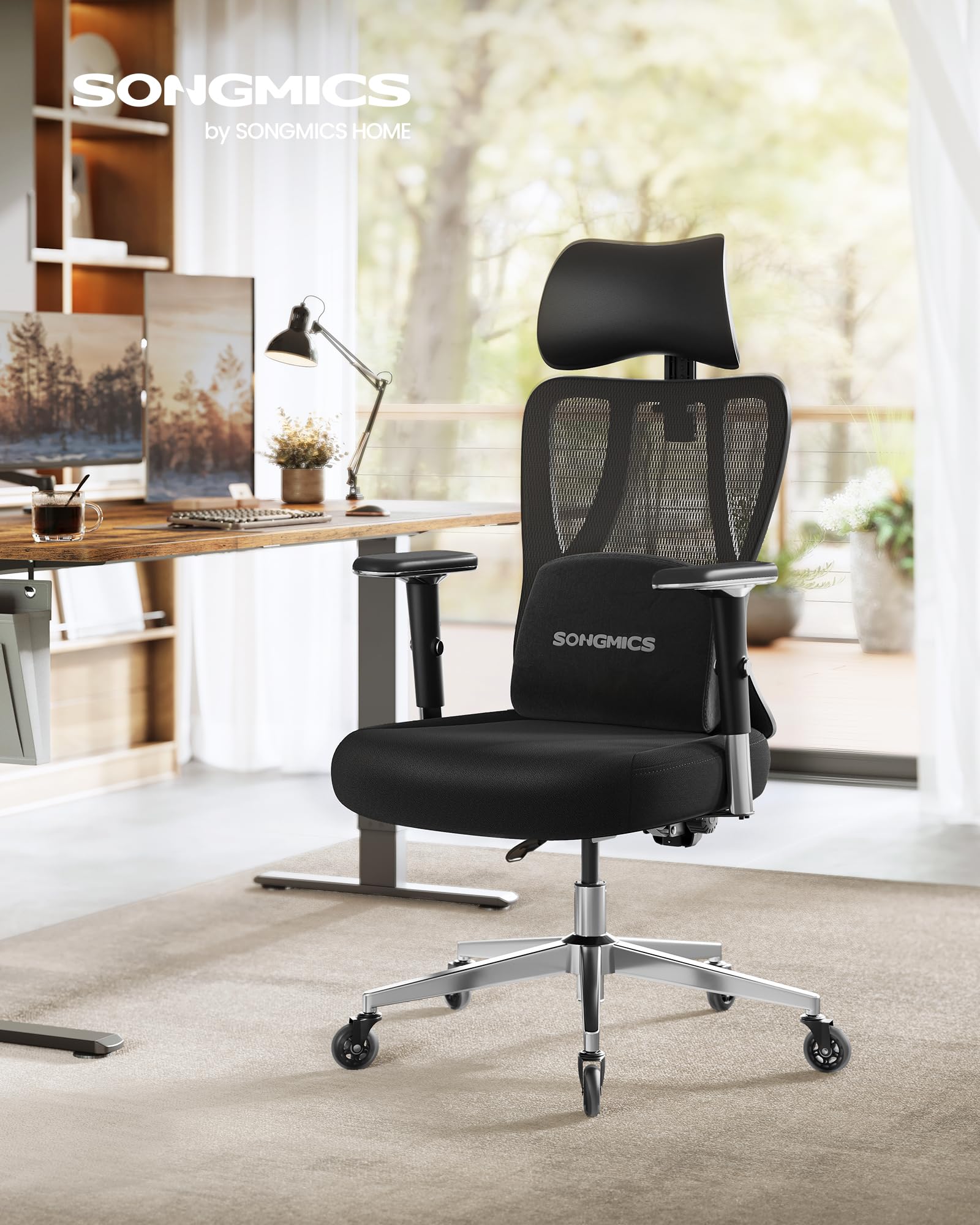 SONGMICS Sedia da Ufficio Ergonomica, Sedia da Scrivania Gaming, Supporto Lombare e Poggiatesta Regolabili, Braccioli, per Diverse Altezze, Portata 150 kg, Nero Inchiostro OBN067BH01