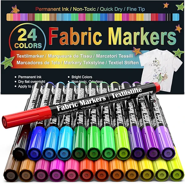 Fabric Markers Permanent For Clothes, 24 Colors Fabric Paint Pens -Waterproof & Machine Washable, Paint Markers for T-Shirt, Canvas Shoes,Bags,Baby Onesies, Fine Tip Clothing Marker for Laundry Marker