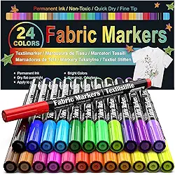 APOGO Marcadores de tecido permanentes para roupas, canetas de tecido de 24 cores, marcador têxtil impermeável para camisetas, sapatos de lona, bolsas e macacões de bebê, ponta fina sem sangramento