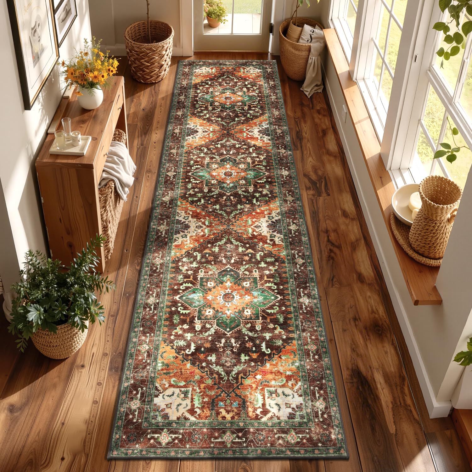 Yamaziot Washable Runner Rug, 3x12 Non-Slip Boho Hallway Kitchen Rug | Stain Resistant,Low Pile, Soft Distressed Floor Carpet with Rubber Backing for Bedroom, Kitchen, Laundry, Entrance 3' x 12' Rust/Dull Teal