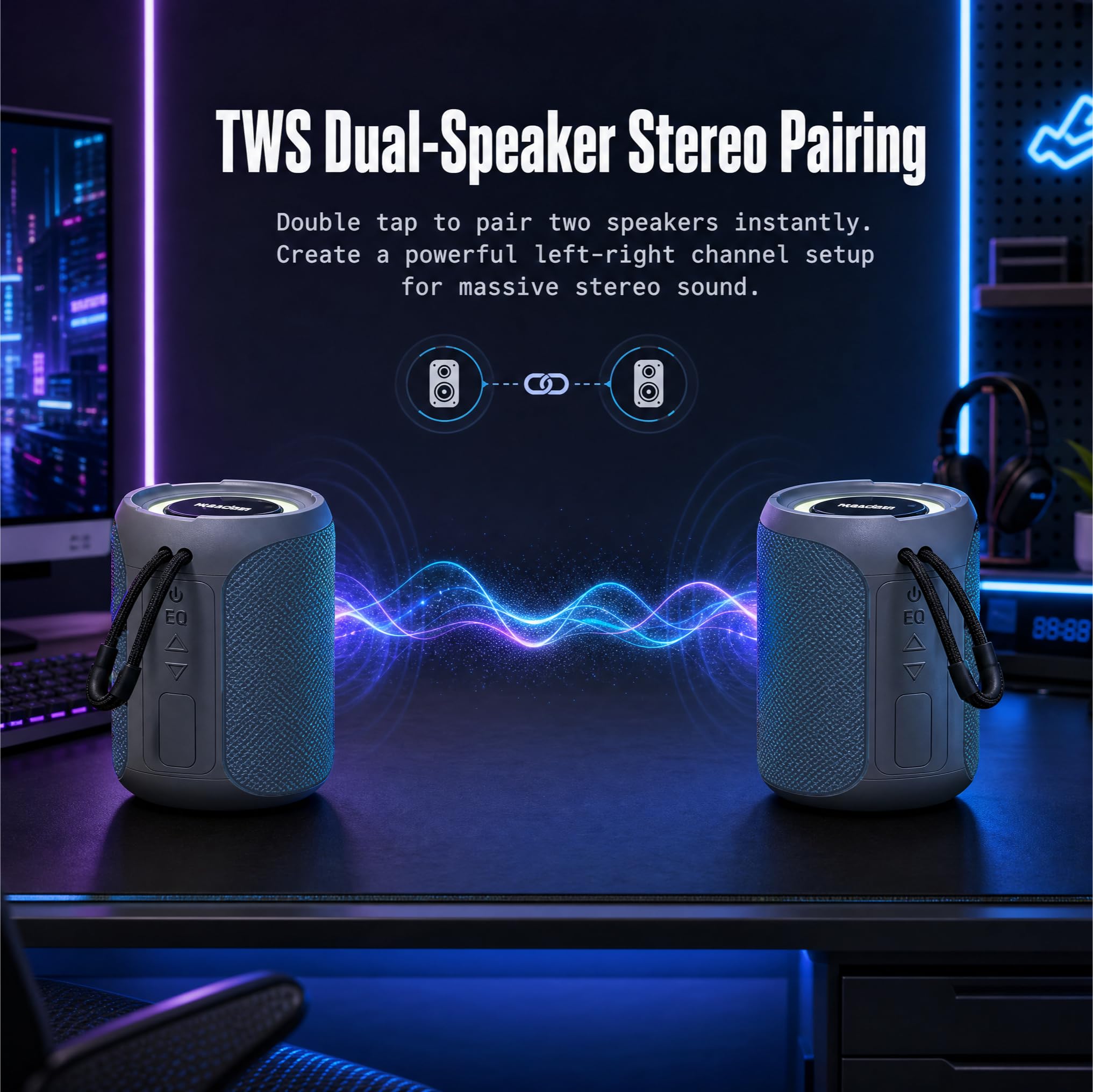 Altoparlante Bluetooth portatile per esterni, con 50 W, impermeabile IPX7, senza fili, con luce RGB, Bluetooth 5.4, TWS stereo, supporta TF/USB/AUX per campeggio, spiaggia, piscina, blu