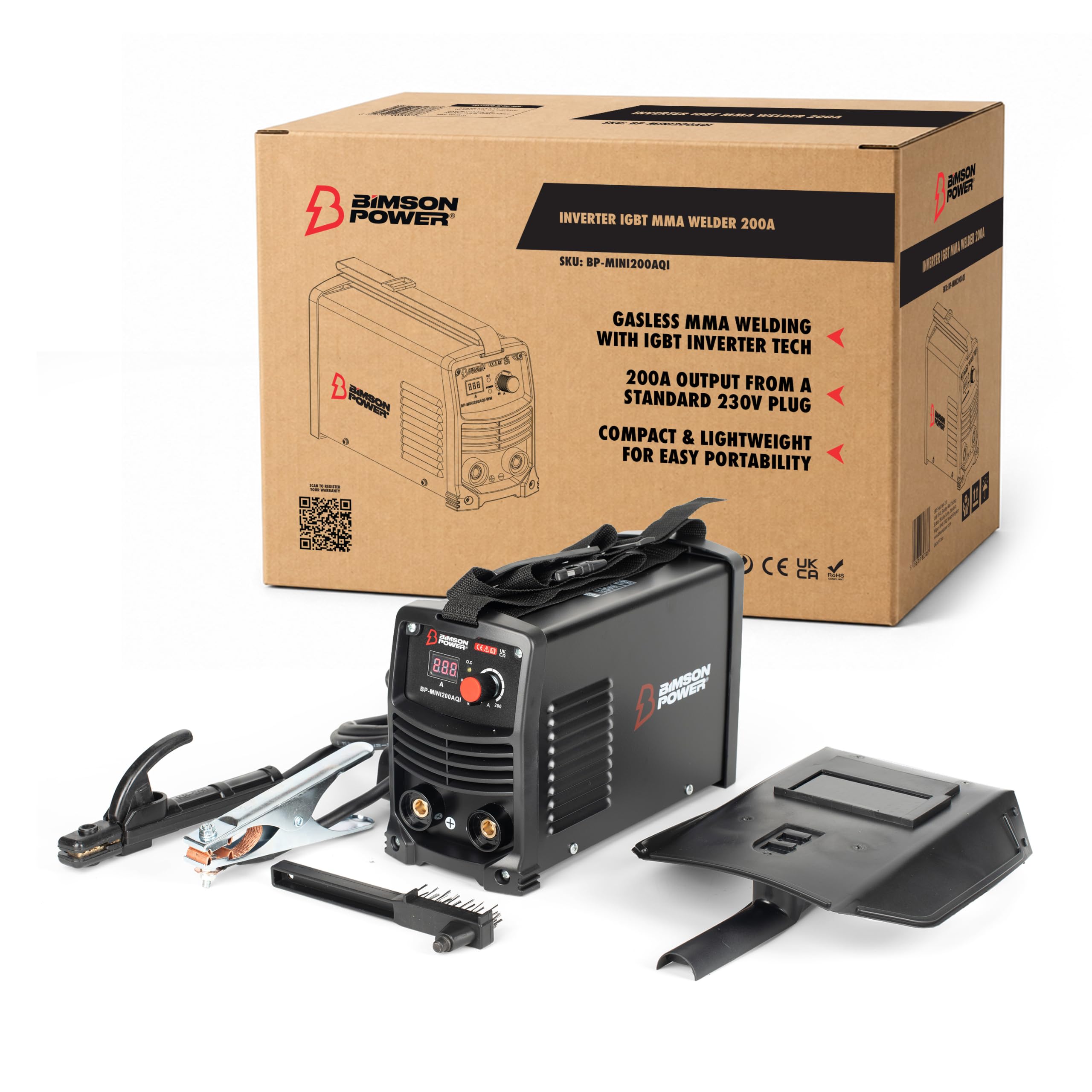 Bimson Power Light 200A Mma Arc Stick Welder – Portable Gasless Inverter Welding Machine With Igbt Technology – 230V Mini Welding Kit With Electrode Holder, Earth Clamp, Mask & Brush