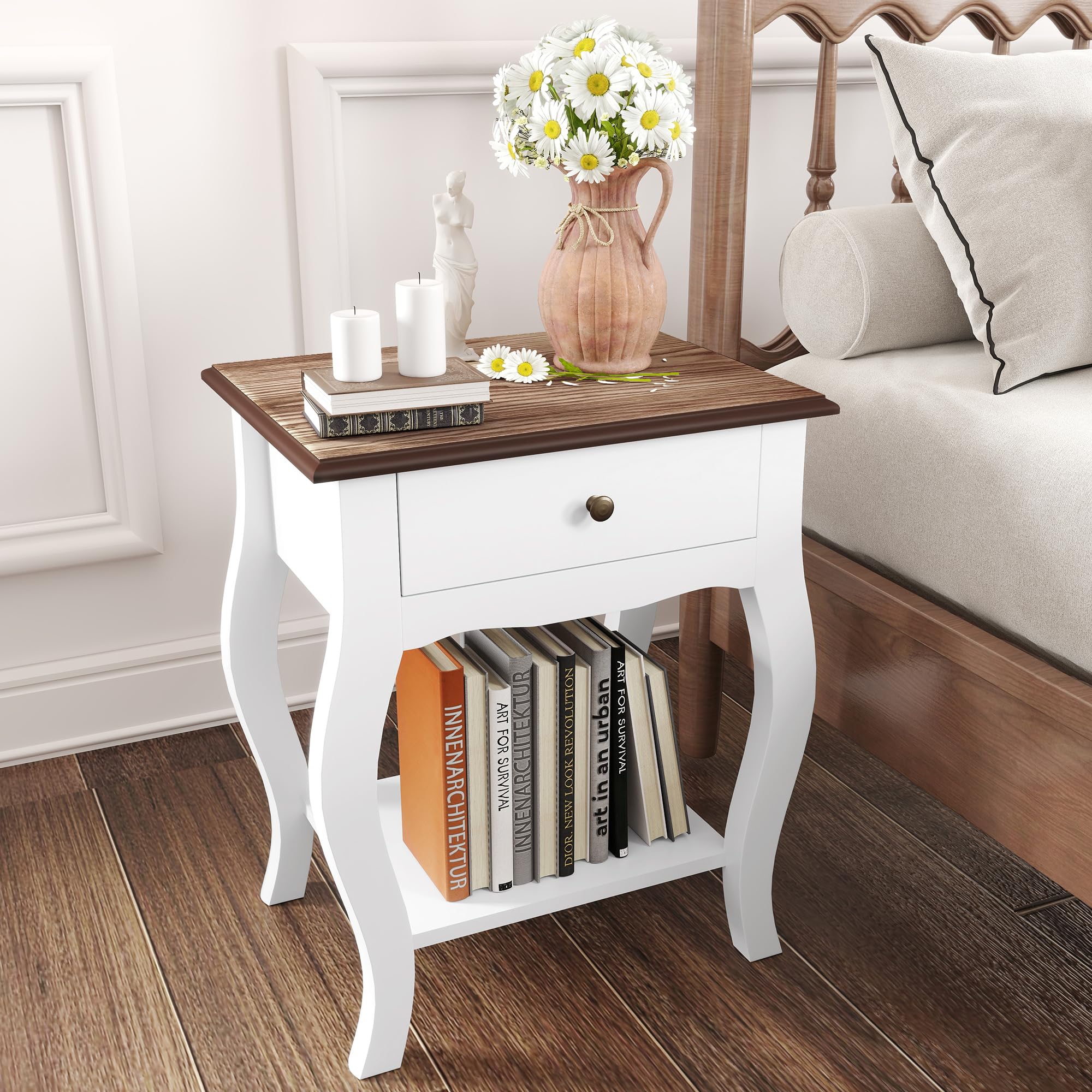 HOMCOM Comodino Camera da Letto con Cassetto e Ripiano Aperto in Stile Francese, Comodino Stretto Salvaspazio in MDF, 45x35x55 cm, Bianco e Rovere