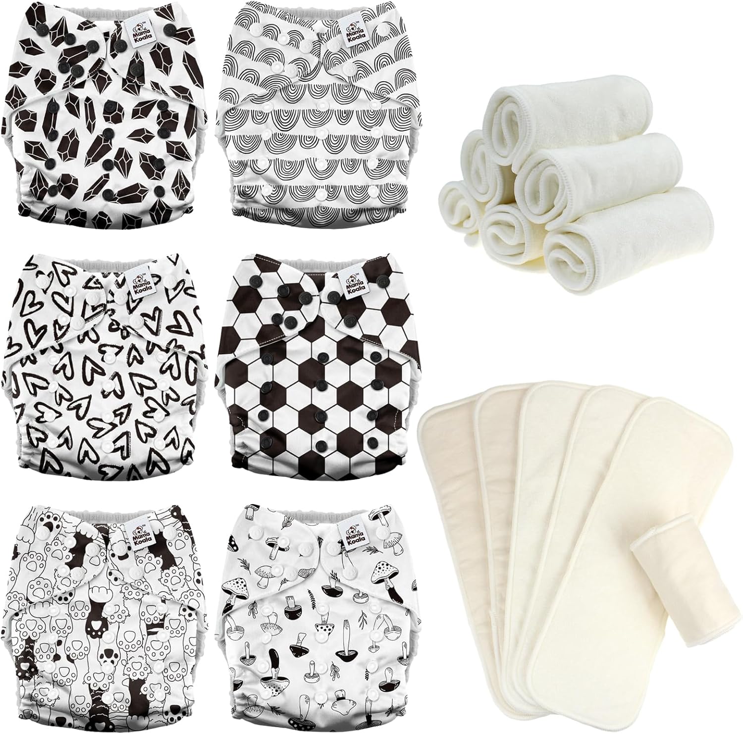 Mama Koala 3.0 Baby Cloth Diapers with 6 Inserts Bundle(Black & White World), with 6 Pack 6-Layer Bboo Hemp Cotton Inserts