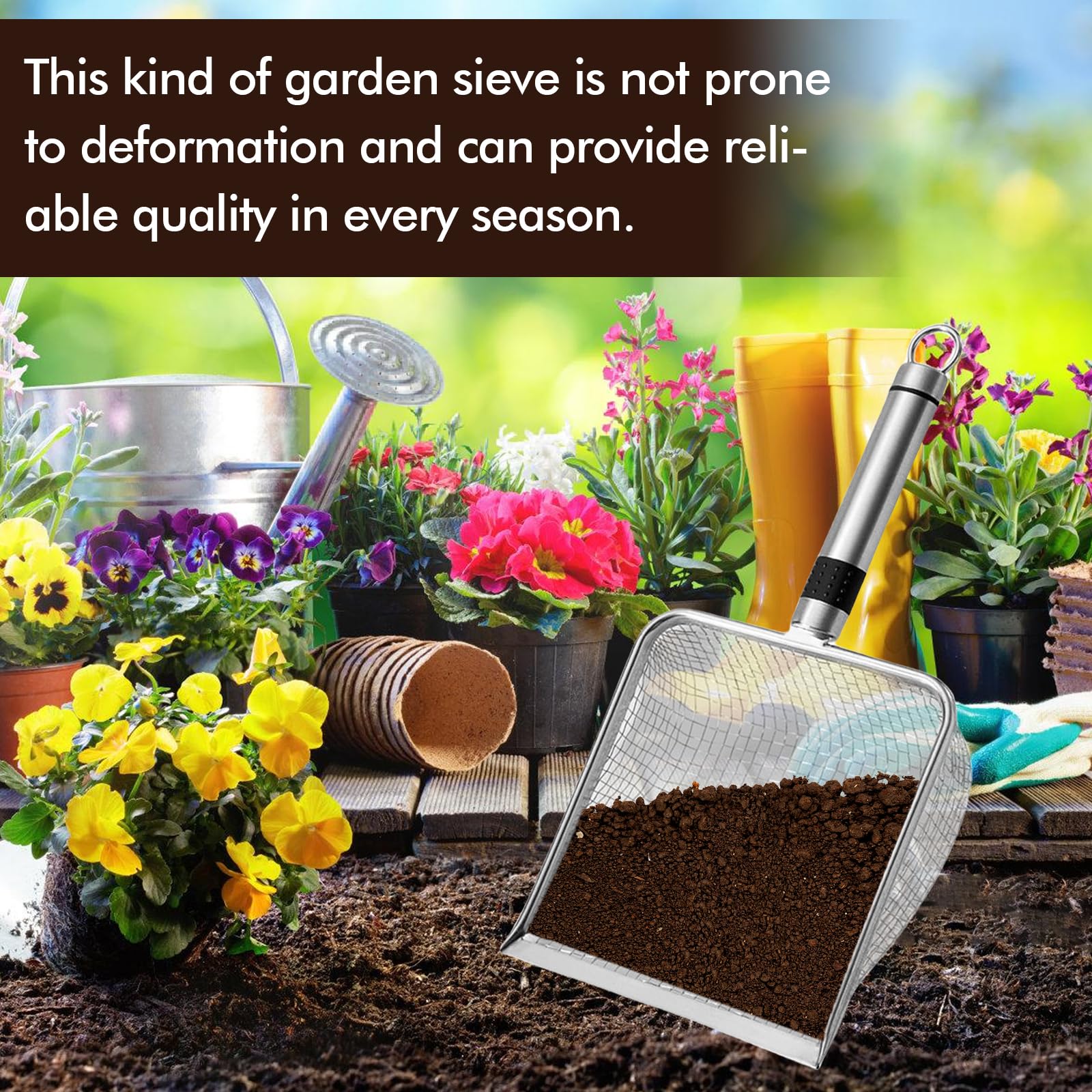 PORFOYO Setaccio da Giardino in Acciaio Inox, 4 Pezzi Setaccio per Terreno per Giardinaggio E Compost, Colino per Sabbia Terra Rocce Cortile Vasi, con Manico Inox, Maglia, Maglia 2/2,8/3,8/5mm