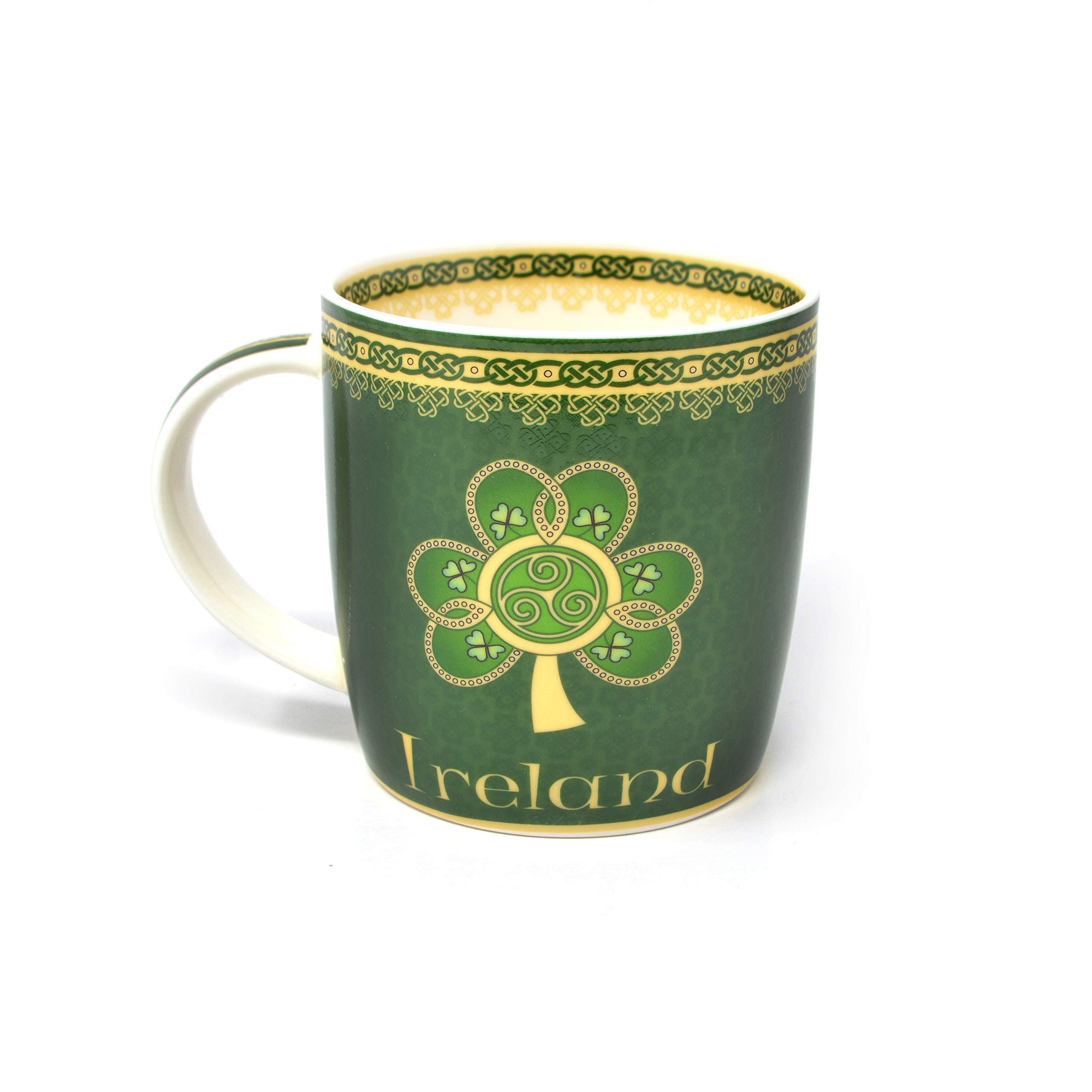 Shamrock Spiral Ireland Mug with A Green and Yellow Celtic Design