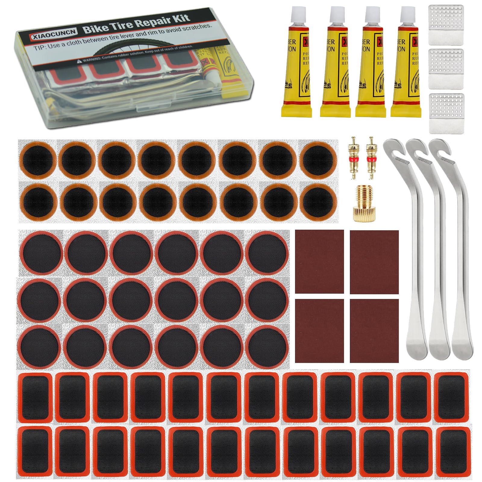Bike Tire & Inner Tube Repair Kit, 58 PCS Patch Kit with 4 Glues, 3 Metal Tire Levers, Valve Cores, Presta to Schrader Converter – Puncture Repair for Mountain Bike, Road Bike, E-Bike, Motorcycle