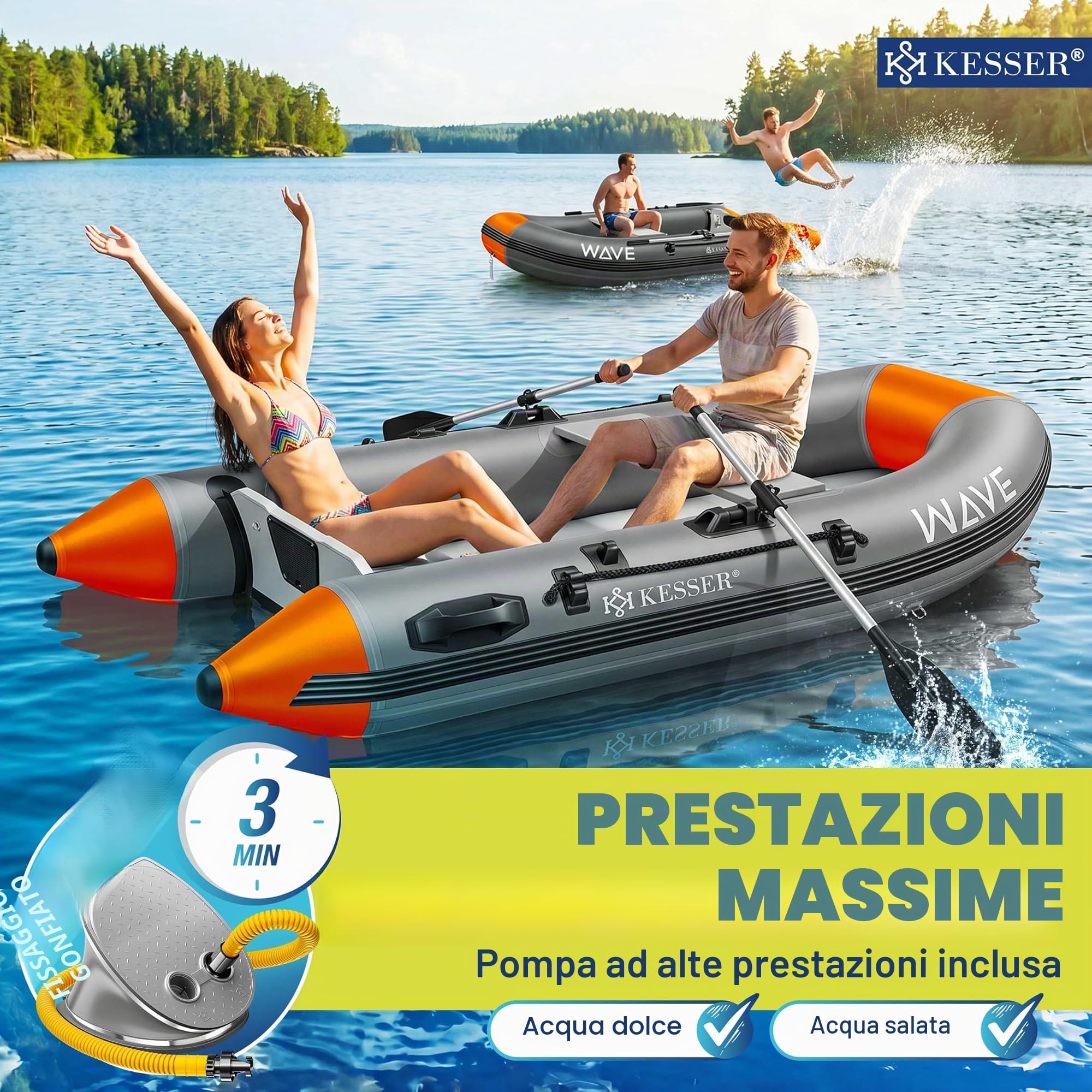 KESSER® Gommone Wave 230-320 cm, set da 6 pezzi gonfiabile – barca + panca, pompa ad aria, pagaia, kit di riparazione, borsa, barca da pesca, barca a pagaia piccola e grande - combinazione motore