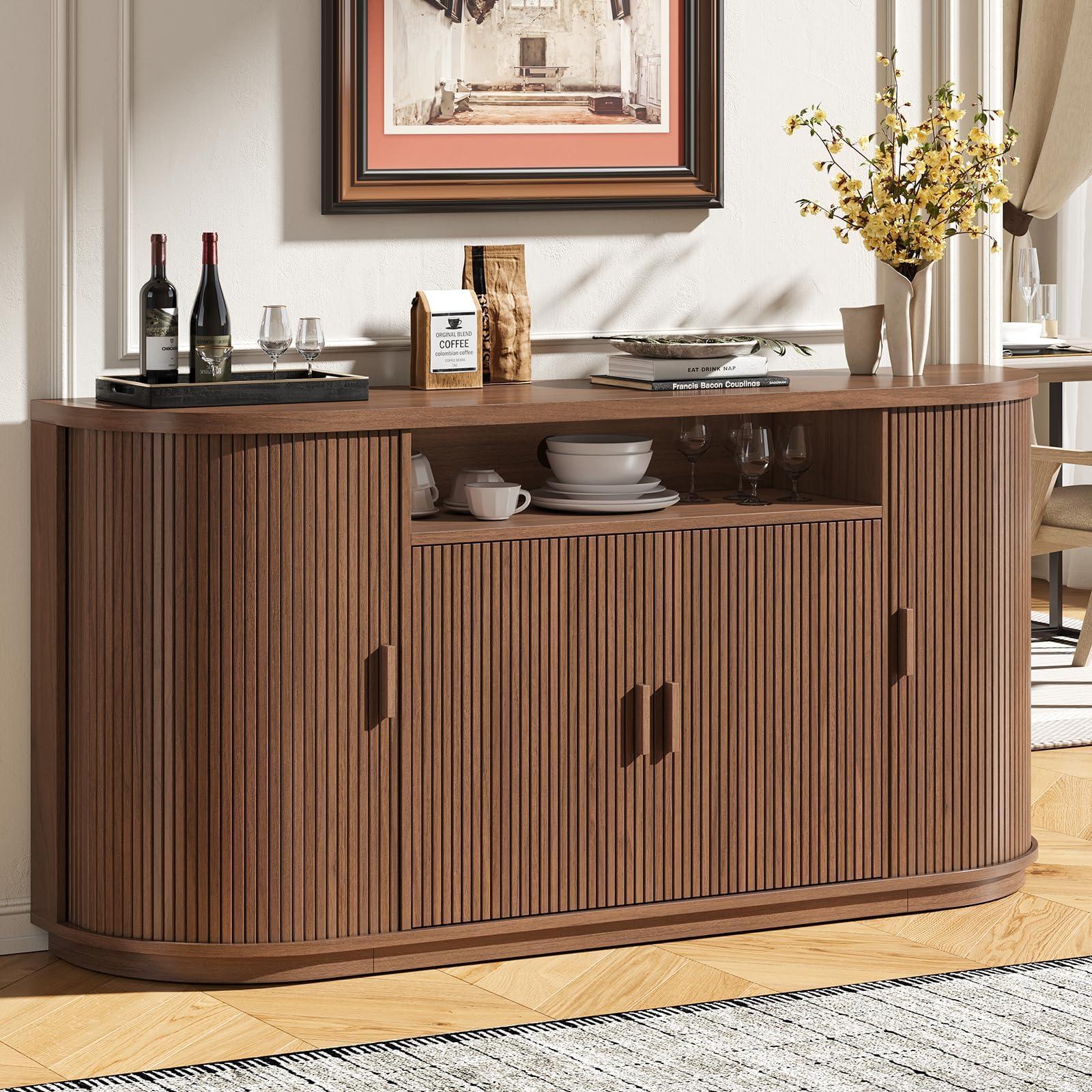 63" Sideboard Buffet Cabinet with Storage, Modern Fluted Accent Credenza with Sliding Doors, Drawers and Adjustable Shelves, Wood Coffee Bar Console Table for Kitchen, Living Room, Enrtyway (Walnut)
