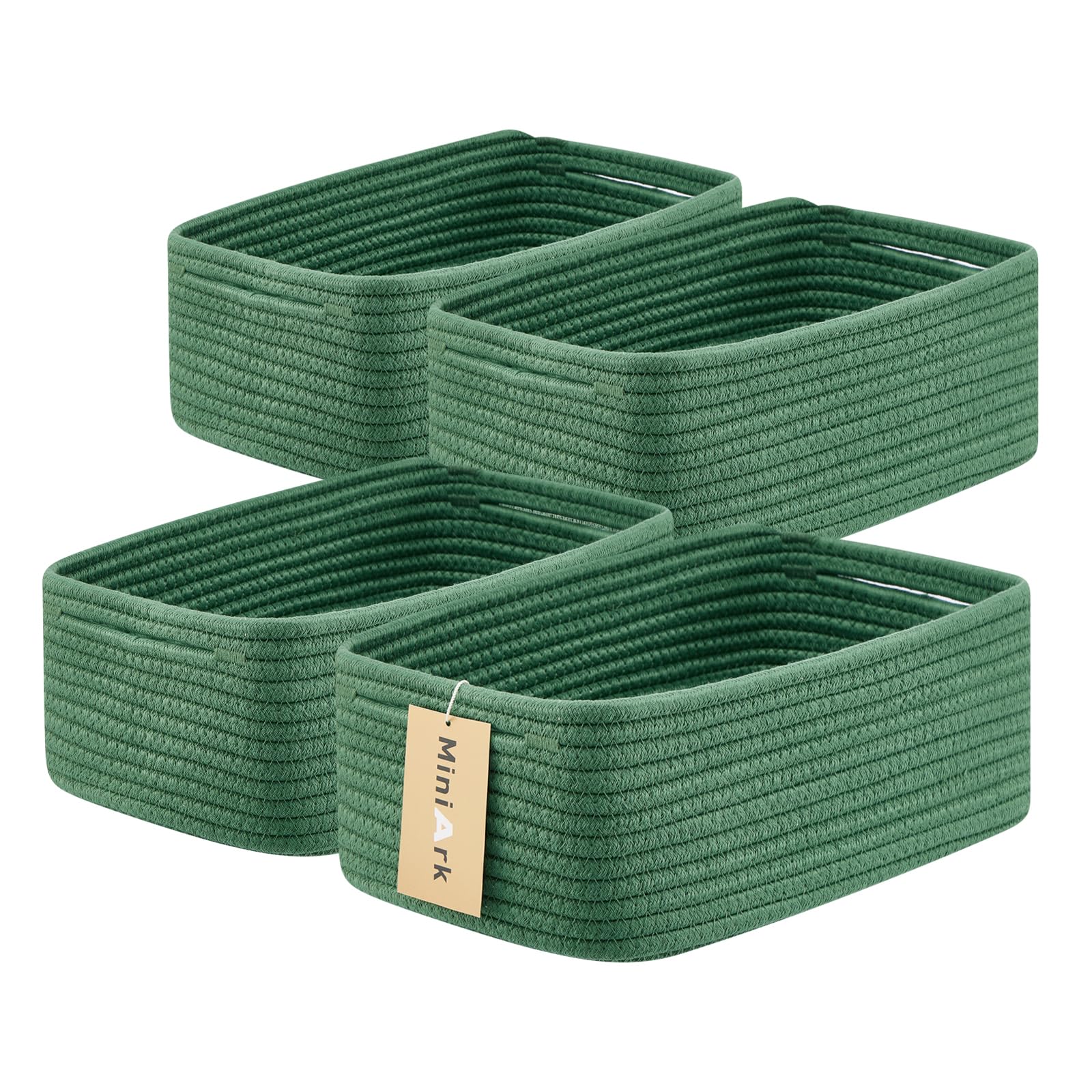 MiniArk Small Storage Baskets for Organizing | Closet Organizer Bins | Shelf Toy Basket | Woven Rope Baskets | Cube Decorative Box | Shallow Basket | 13x8.5x5.1” | 4 Packs Green