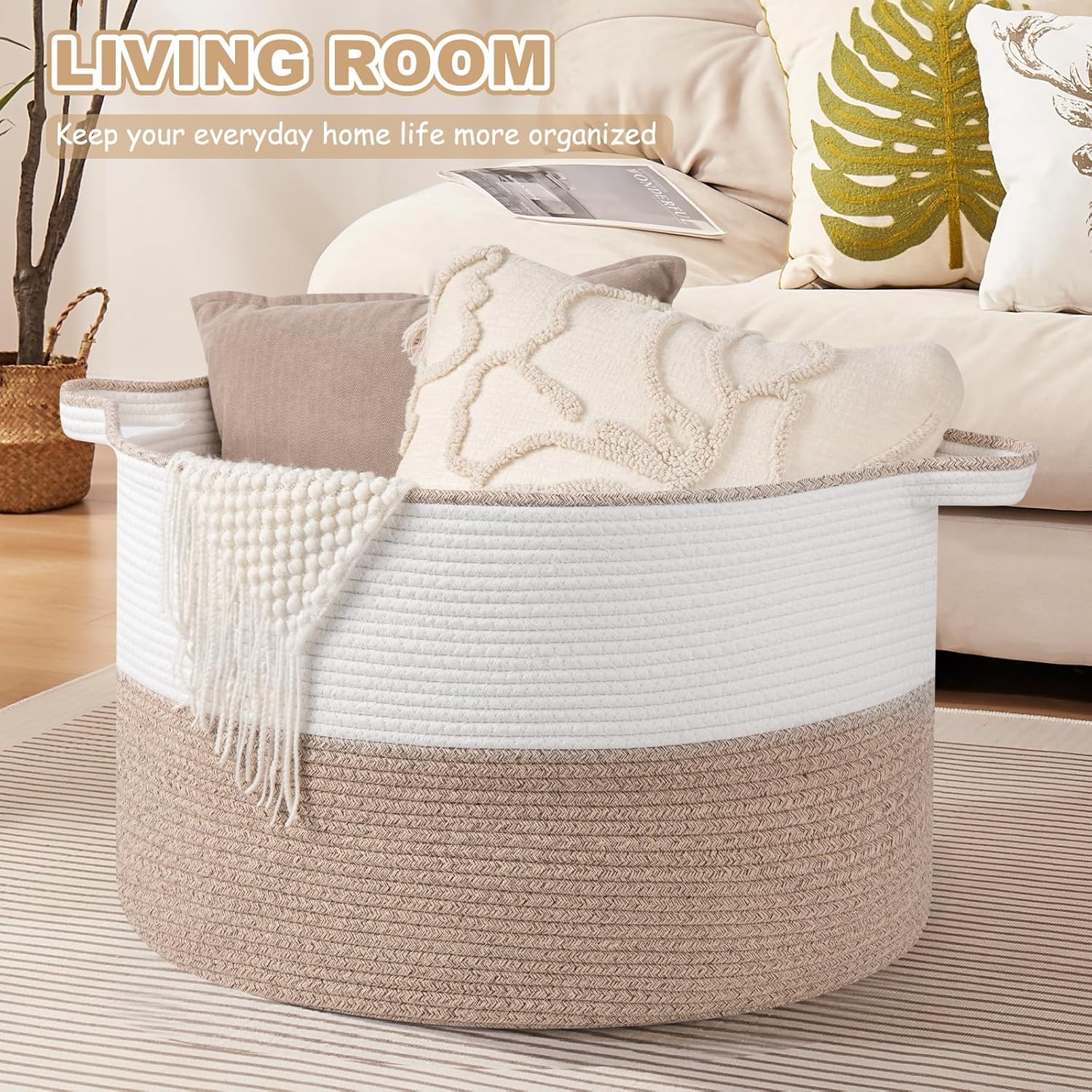 XXL Large Blanket Basket with Handles, 105L Woven Storage Basket for Living Room, Cotton Rope Baby Toy Storage for Clothes, Pillows, Towels-Brown & White