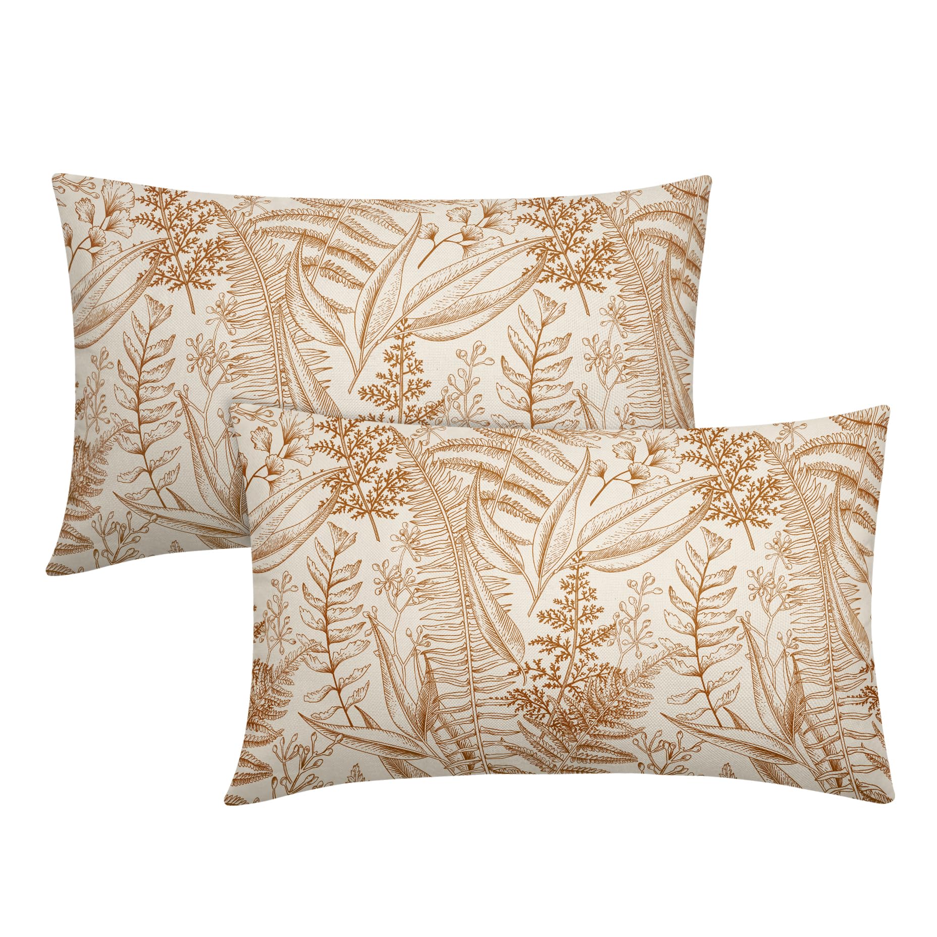 Burnt Orange Leaf Plant Lumbar Pillow Covers 12X20 Inch Herbs Botanical Fern Vintage Leaves Floral Decorative Pillow Cases Set of 2 Throw Pillows Farmhouse Home Decor For Sofa Couch Cushion Outdoor