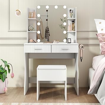 Small Vanity Desk with Mirror and Lights, Makeup Vanity Desk with 3 Color Modes Adjustable Bulb, 2 Large Drawers and 4 Open Storage Shelves, Vanity with Charging Station for Bedroom, White