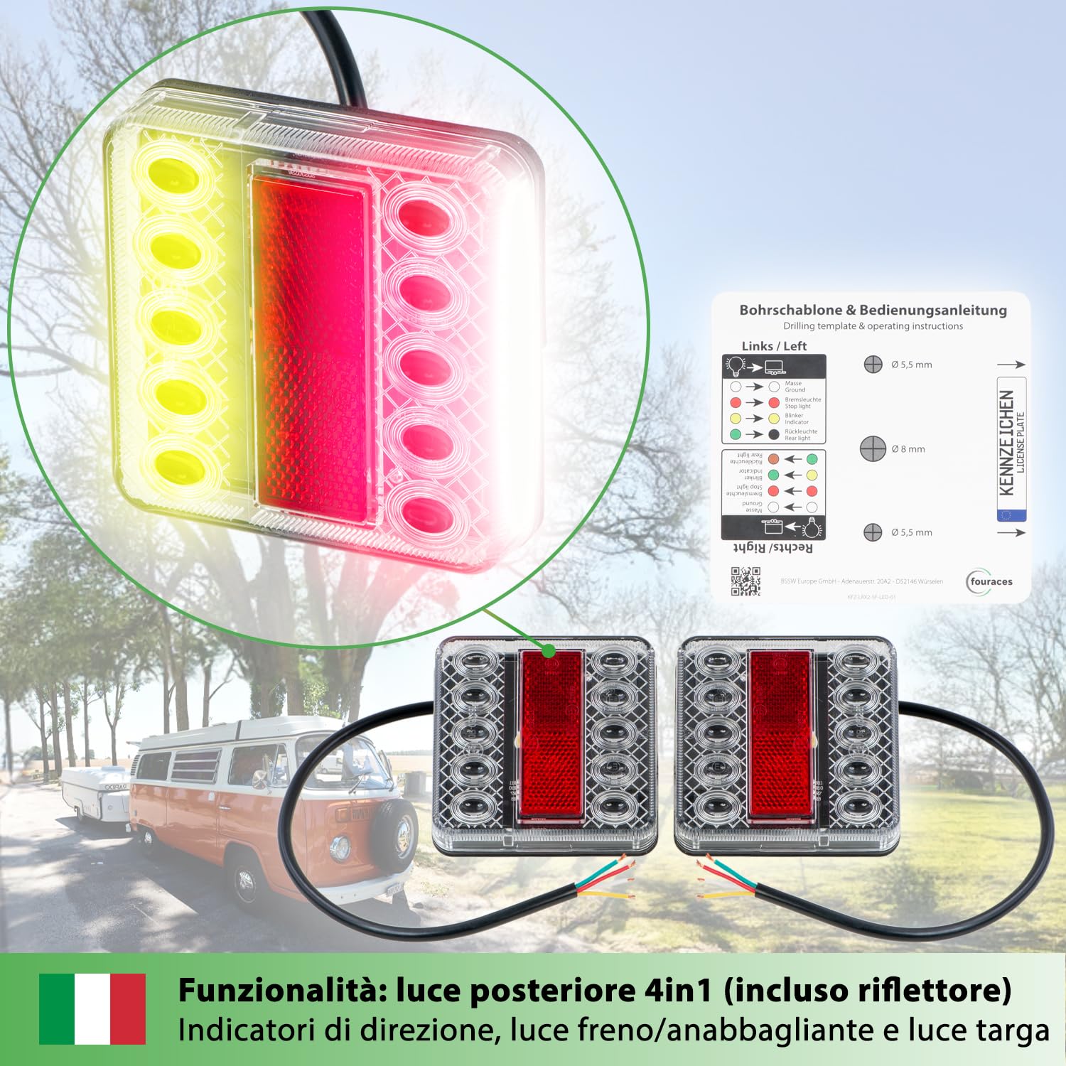 fouraces fanali posteriori a LED per rimorchio - 2 set, con schema elettrico e illuminazione targa, fanale posteriore, trattore, carrello, luce, lampade per auto