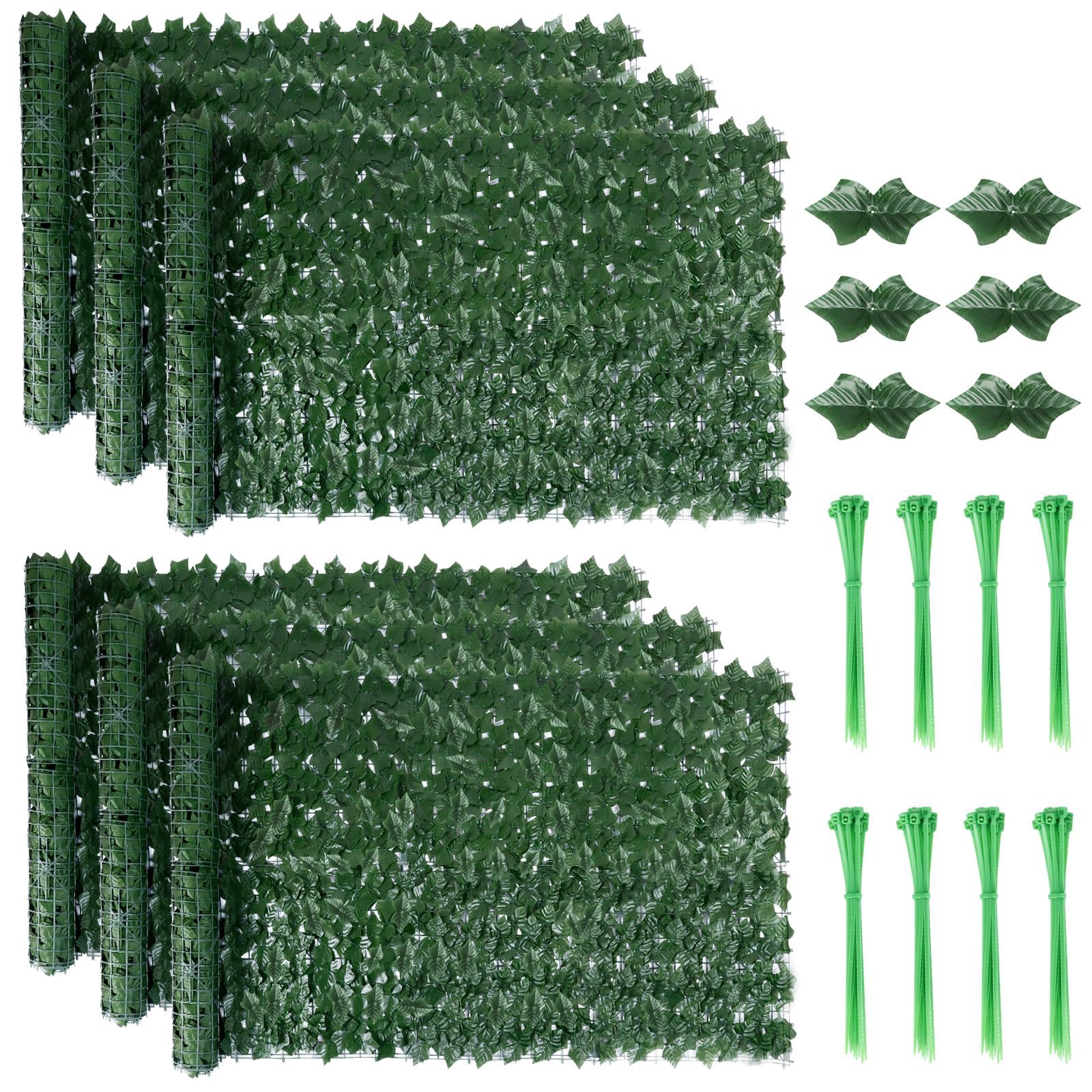 6PCS Artificial Ivy Fence Screening, 3m x 1m Artificial Hedge Screening, Fence Privacy Screen Artificial Hedge Roll,Artificial Ivy Trellis Screening with 20 Zip Ties for Garden Balcony Outdoor Decor