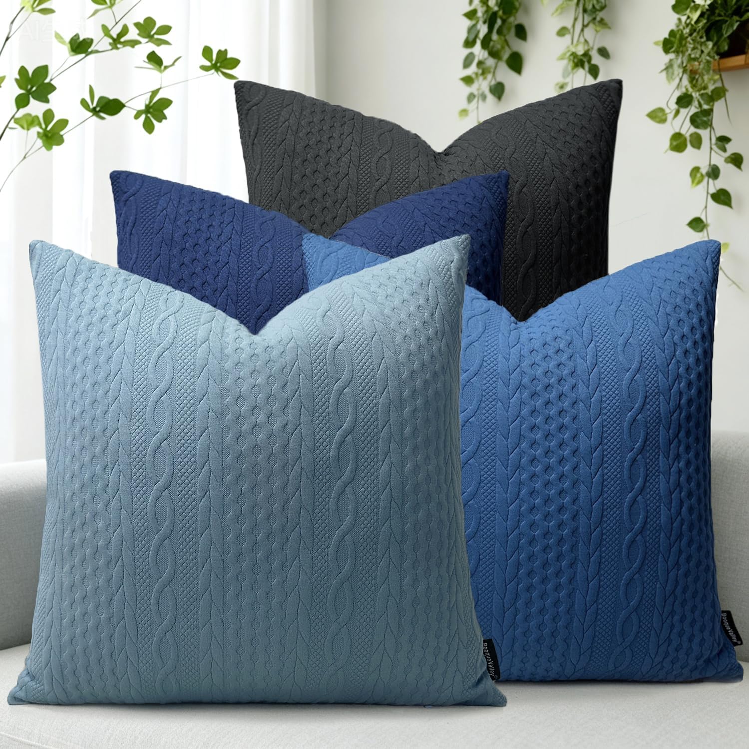 Booque Valley Pack of 4 Blue Pillow Covers 18x18 Inch Decorative Summer Couch Pillow Cases Farmhouse Accent Cushion Covers for Boho Western Home Coastal Navy Decor