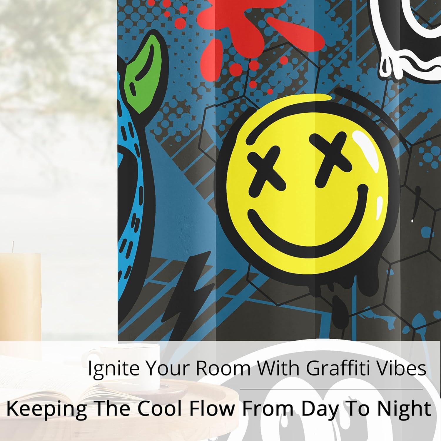 Teen Graffiti Blackout Curtains - 100% Blackout, Bold Street‑Art, Thermal Insulated, Noise Reduced, Perfect for Teen Boys Room, Game Room (Monster Skate Graffiti, W52xL84, 2 Panels)