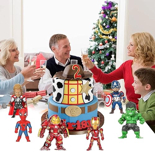 Miniatura 5 de Paquete de 6 figuras de acción de héroe súper divertidas para decoración de pasteles juego de figuras de acción de películas con bases suministros