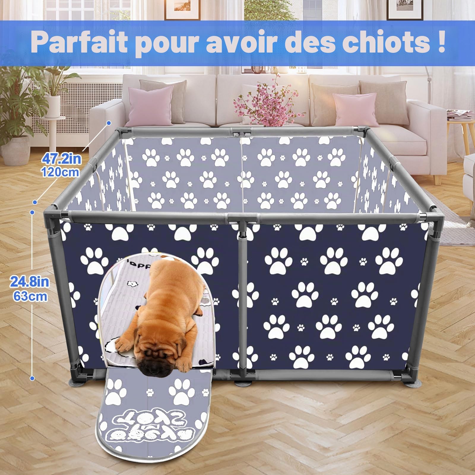 Parc Carré pour Animaux en Acier Inoxydable et Toile Oxford avec Tapis Imperméable Enclos pour Grand Chien Chats Petits Animaux Bleu Sombre