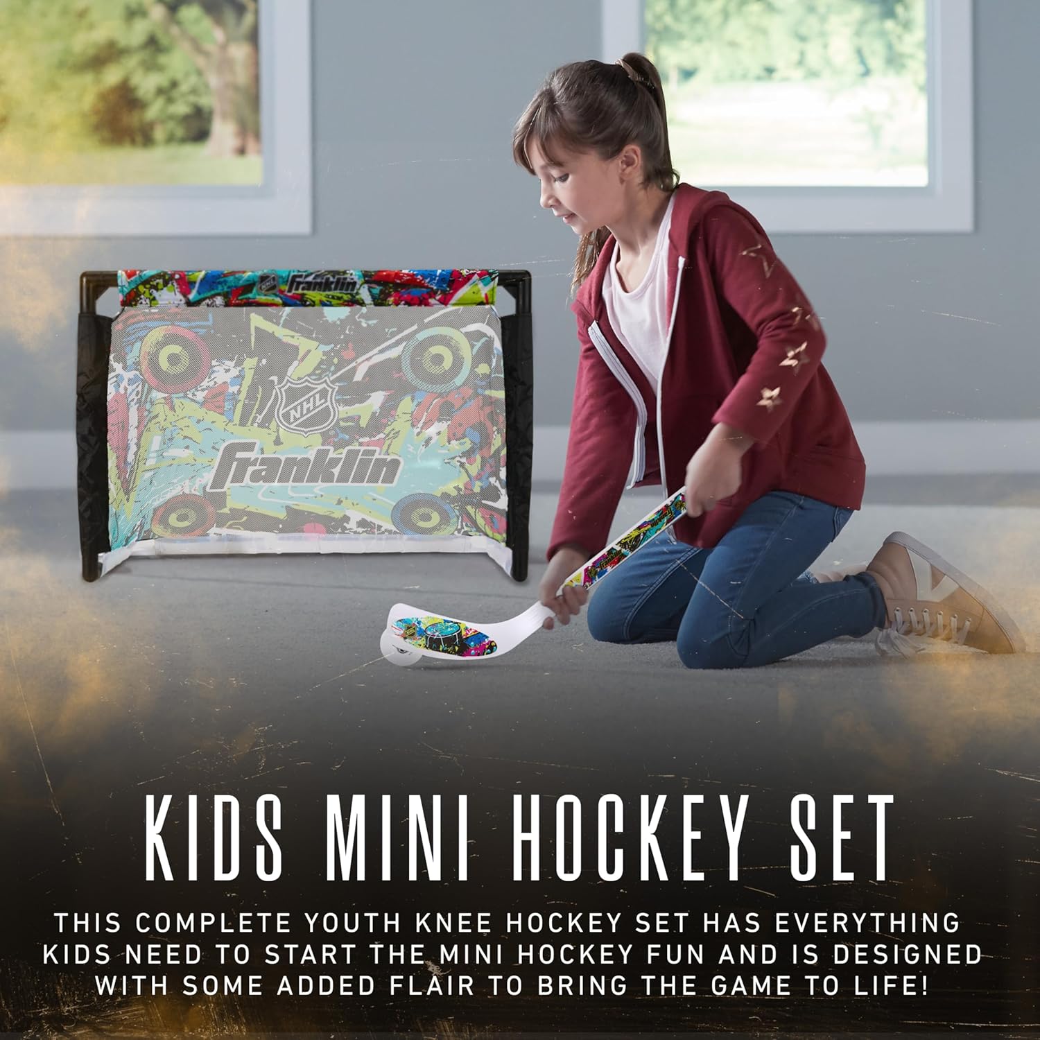 Franklin Sports NHL Kids Mini Hockey Set - Includes (1) Knee Hockey Goal, (2) Mini Sticks + (2) Foam Balls - Indoor Toy Youth Goal + Sticks Set - Graffiti - Image 2