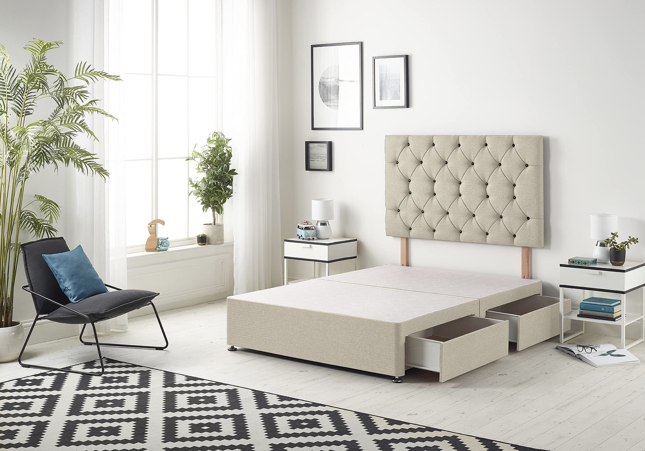 Bed Centre Premier Divan Base with 2 Drawers and Matching Headboard - Available in Multiple Fabrics and Colours (3FT Single, Tweed Natural)