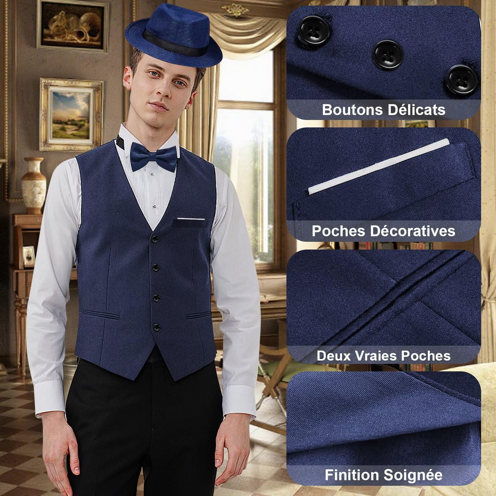 Luckyou Costume Homme Année 20 Costume Gatsby Homme Accessoires avec Cravate Moustache Montre Déguisements Gatsby Annee 20 pour Cosplay Carnaval Halloween de Fête-Black-L