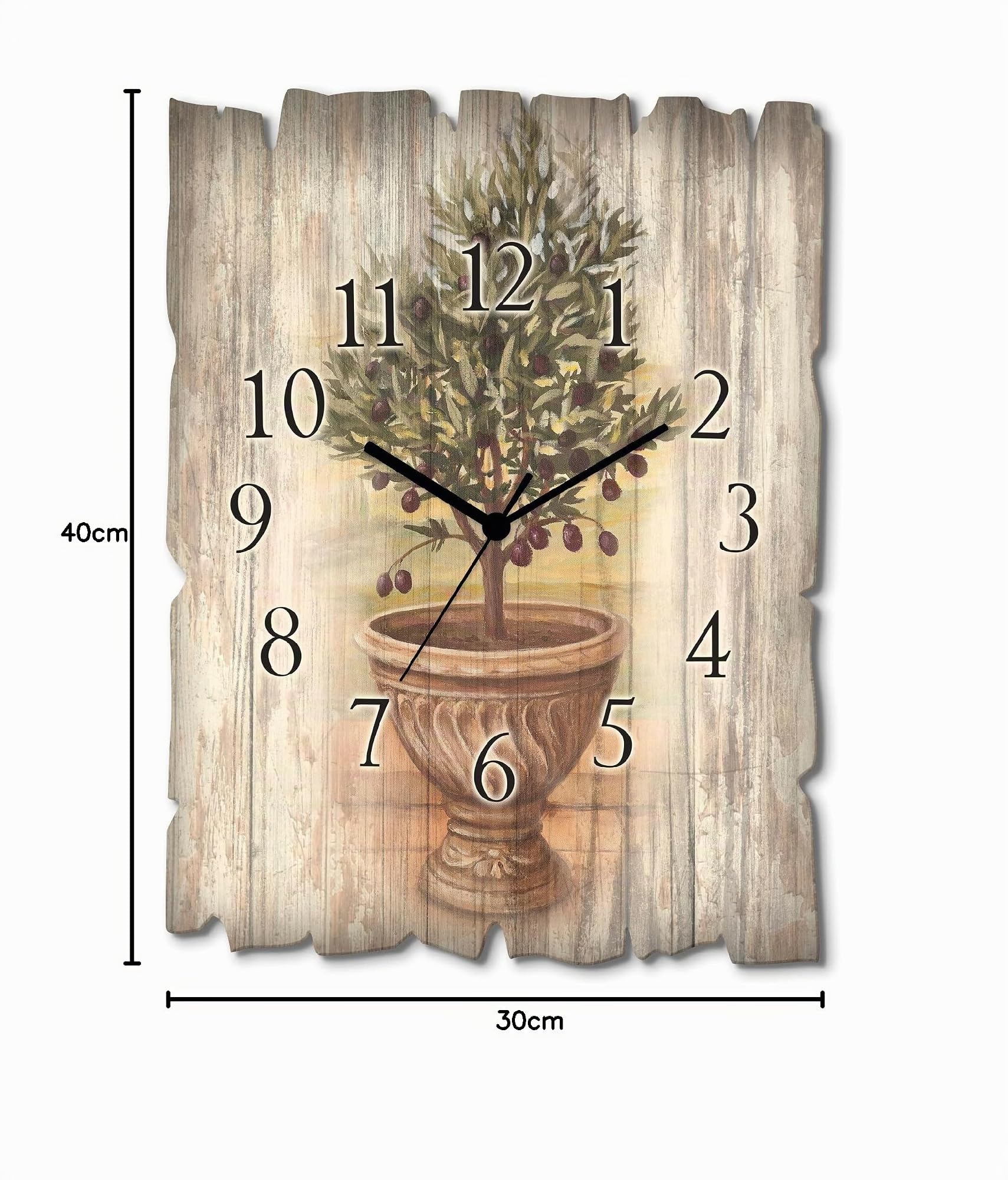 ARTLAND Wanddeko Wanduhr ohne Tickgeräusche aus Holz Funk Uhr lautlos Rechteckig 30x40 cm Topf Keramik Pflanzen Olivenbaum Toskana Rustikal Vintage U0PU