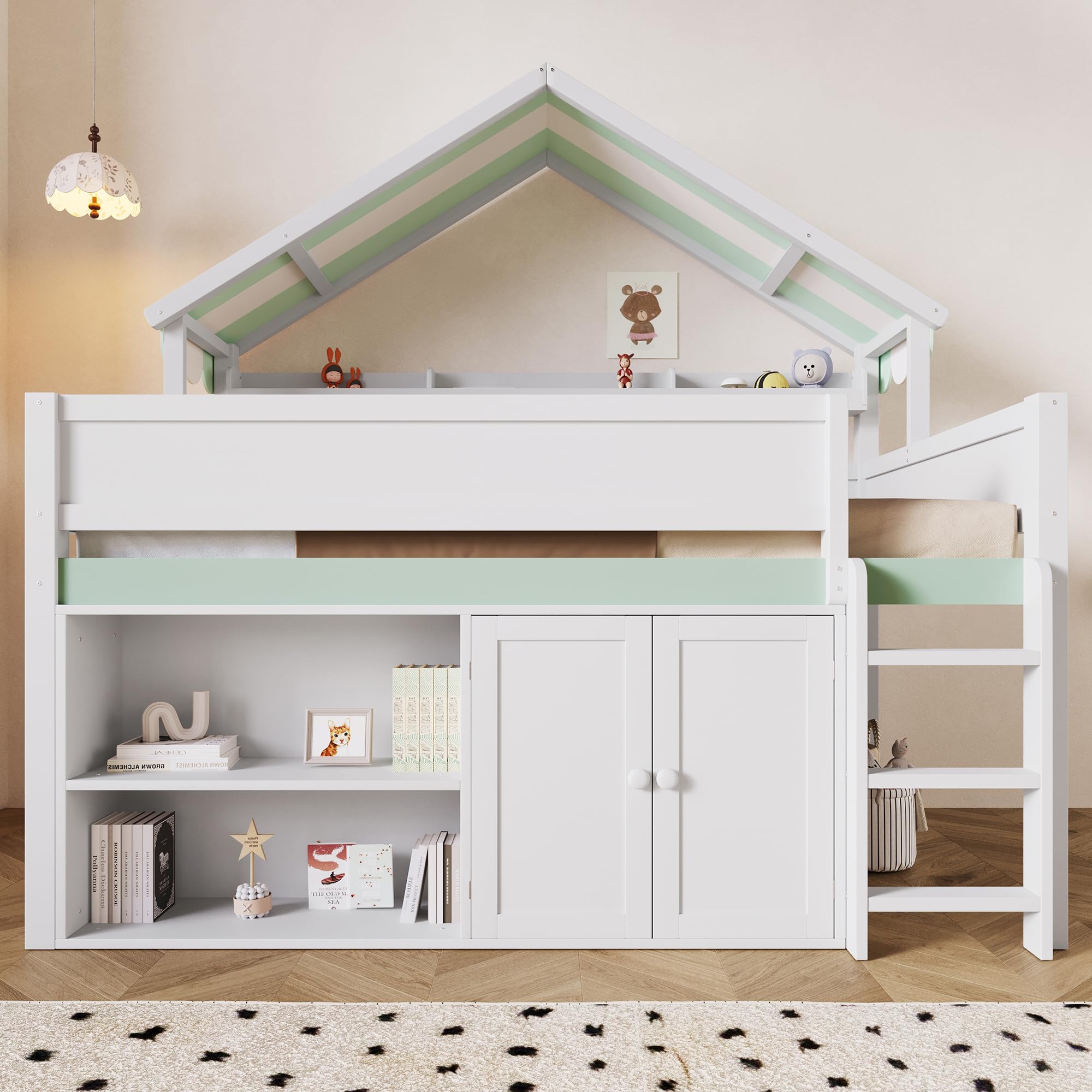 Full Size House Loft Bed with Canopy Roof and Storage, Perfect for Kids' Bedroom, Sleepovers &amp; Organized Living (White+Green)