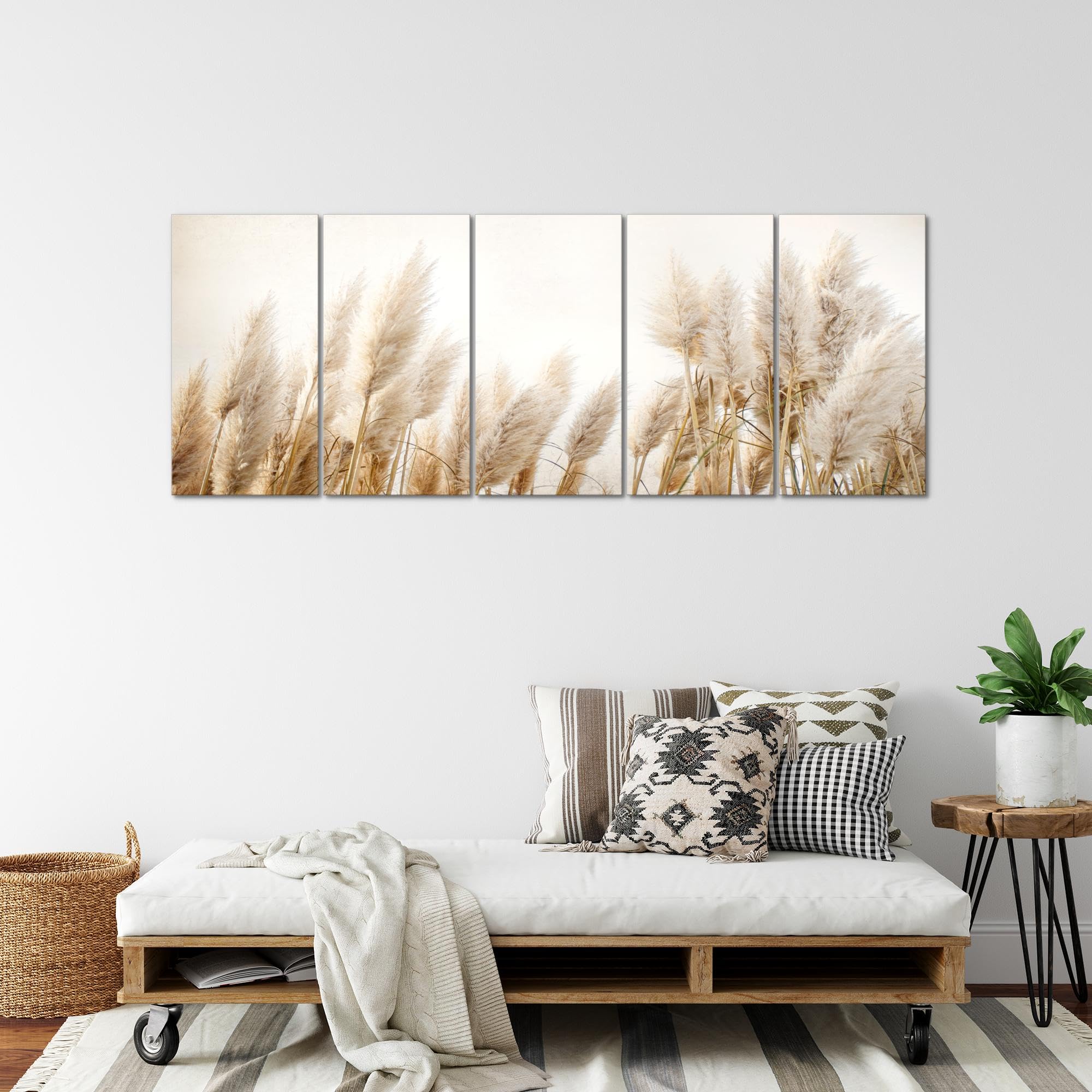 Runa Art Cuadro XXL Boho hierba de la pampa 200 x 80 cm Beige 5 Piezas - Made in Germany - 044455a