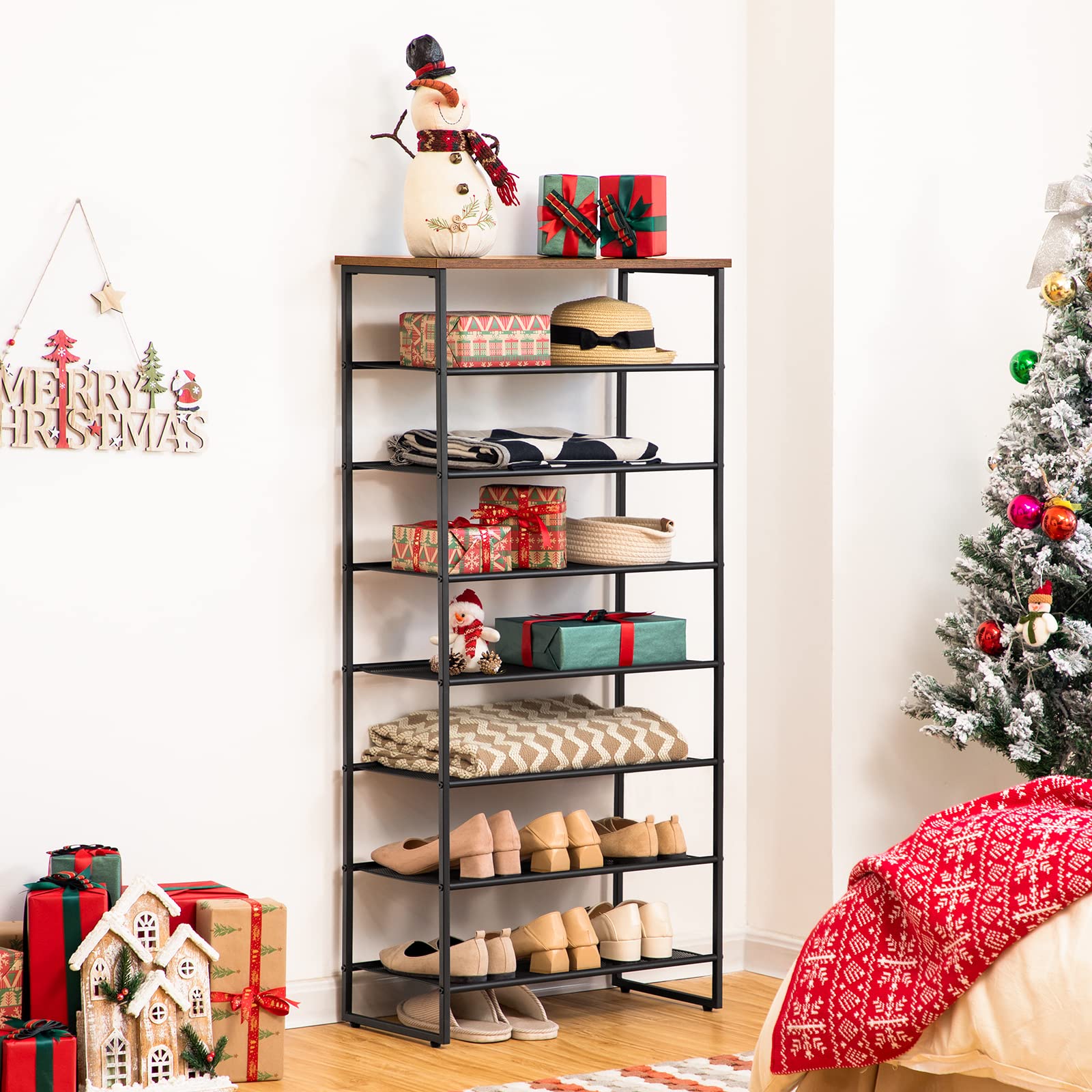 HOOBRO Schuhregal, 8-stöckige hoch Schuhschrank, Gro schmal Schuhablage, 21-28 Paar Schuhe, Stabil, für Flur, Eingang, Schlafzimmer, Dunkelbraun-Schwarz EBF68XJ01