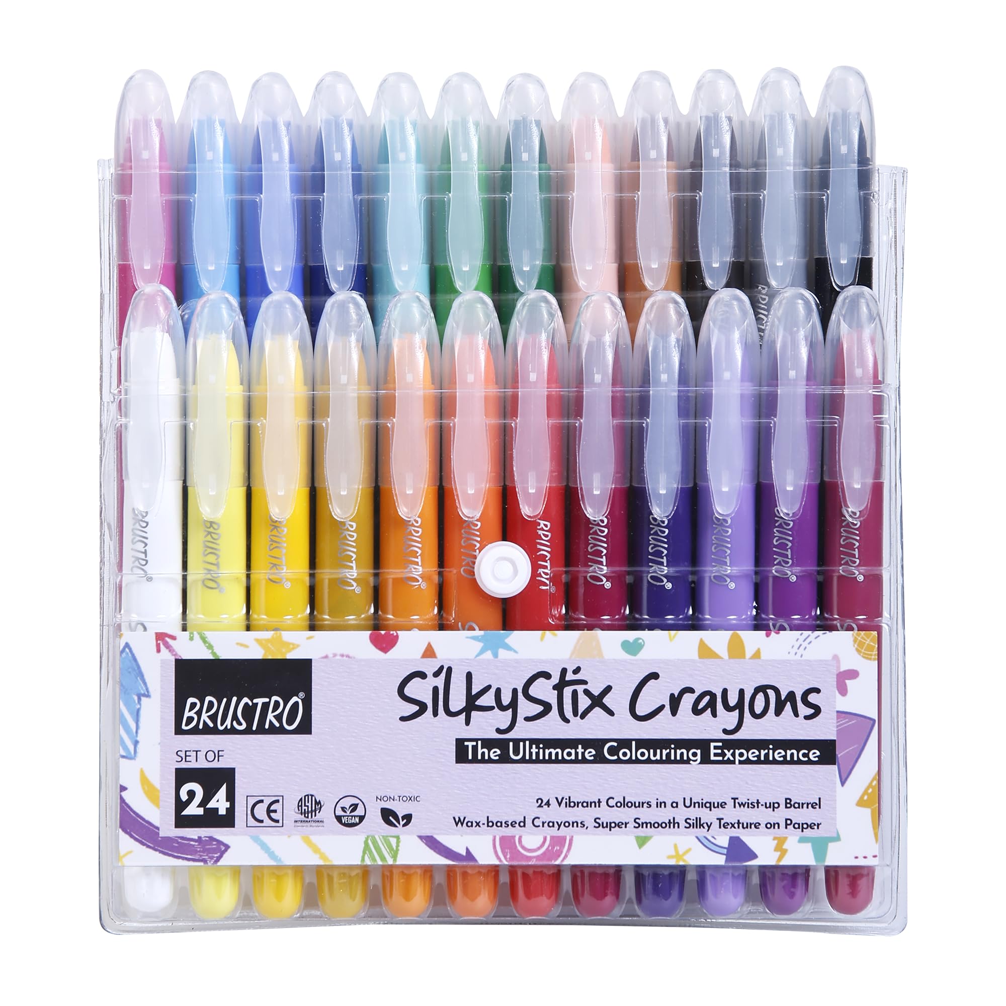 BRUSTRO SilkyStix Smooth Crayons - Set of 24 Crayon Set | Vibrant & Playful Colors, Eco-Friendly,Ideal for Blendable Painting,Graffiti,Coloring, Doodling, Safe for Students, Professional, Kids