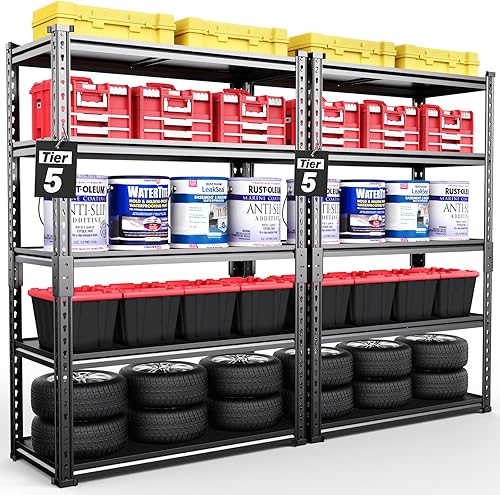 Miniatura 10 de TigerParty Estantería de garaje resistente de 2050 libras, estantes de almacenamiento ajustables de 5 niveles, estantería de metal y estante de