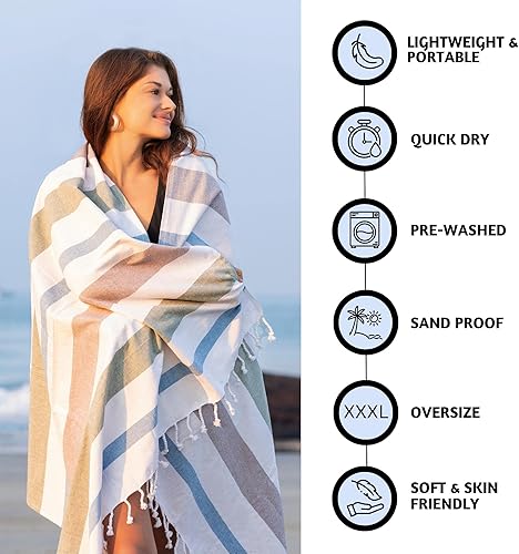 Miniatura 2 de Folkulture Toalla de playa turca para adultos con bolsa de mano de 40 x 72 pulgadas, manta de playa o toallas de playa de gran tamaño, sin arena,