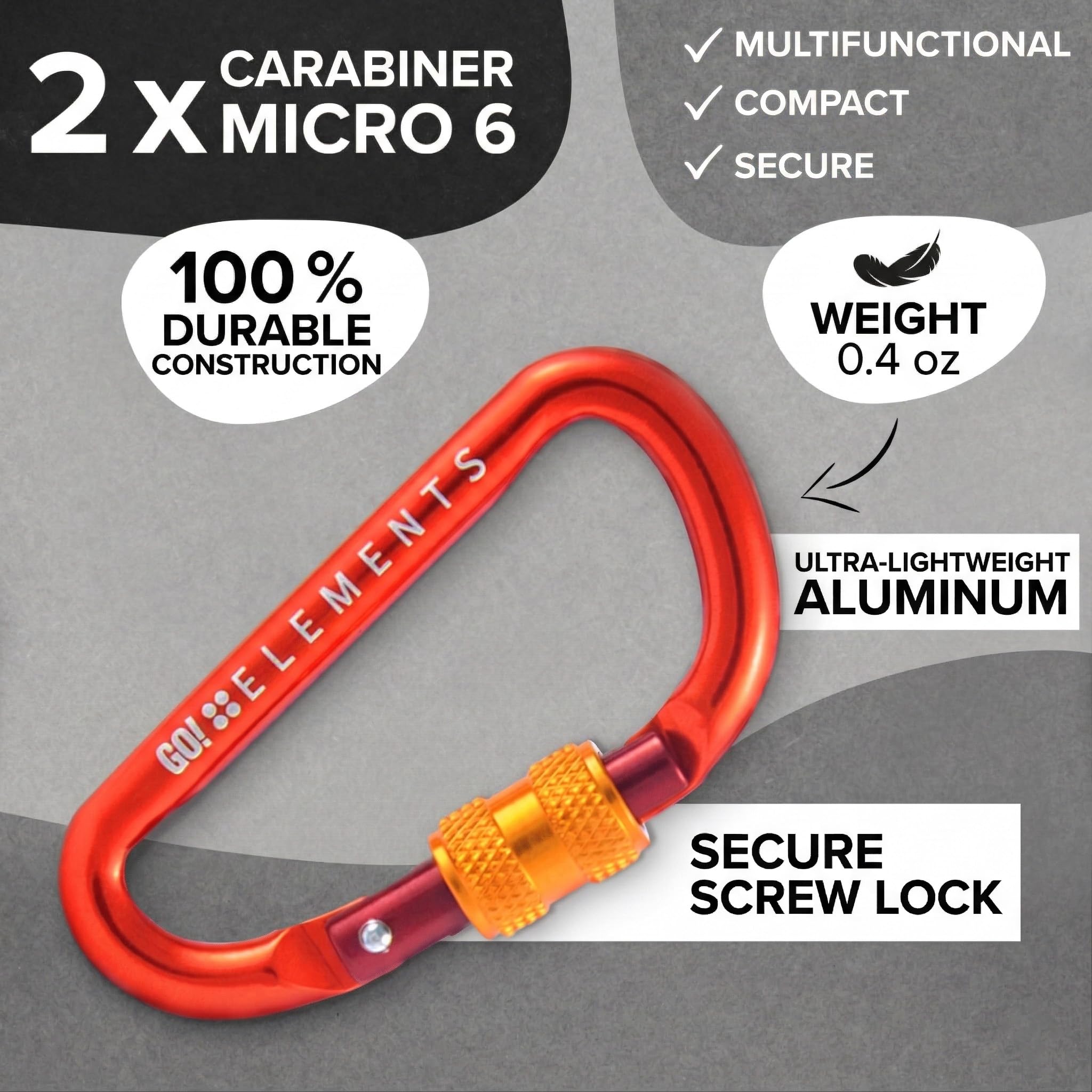 GO!elements Mini Moschettone Micro 6 con tappo a vite, confezione da 2 o 6
