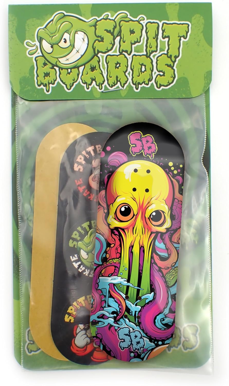 SPITBOARDS® 34mm Fingerboard Deck - Real Wood (5-Layers) Classic Popsicle Street Shape - Size: 34 x 96 mm - Single Graphic Deck (Real Wear) - Optimized Concave - Alien-Octopus