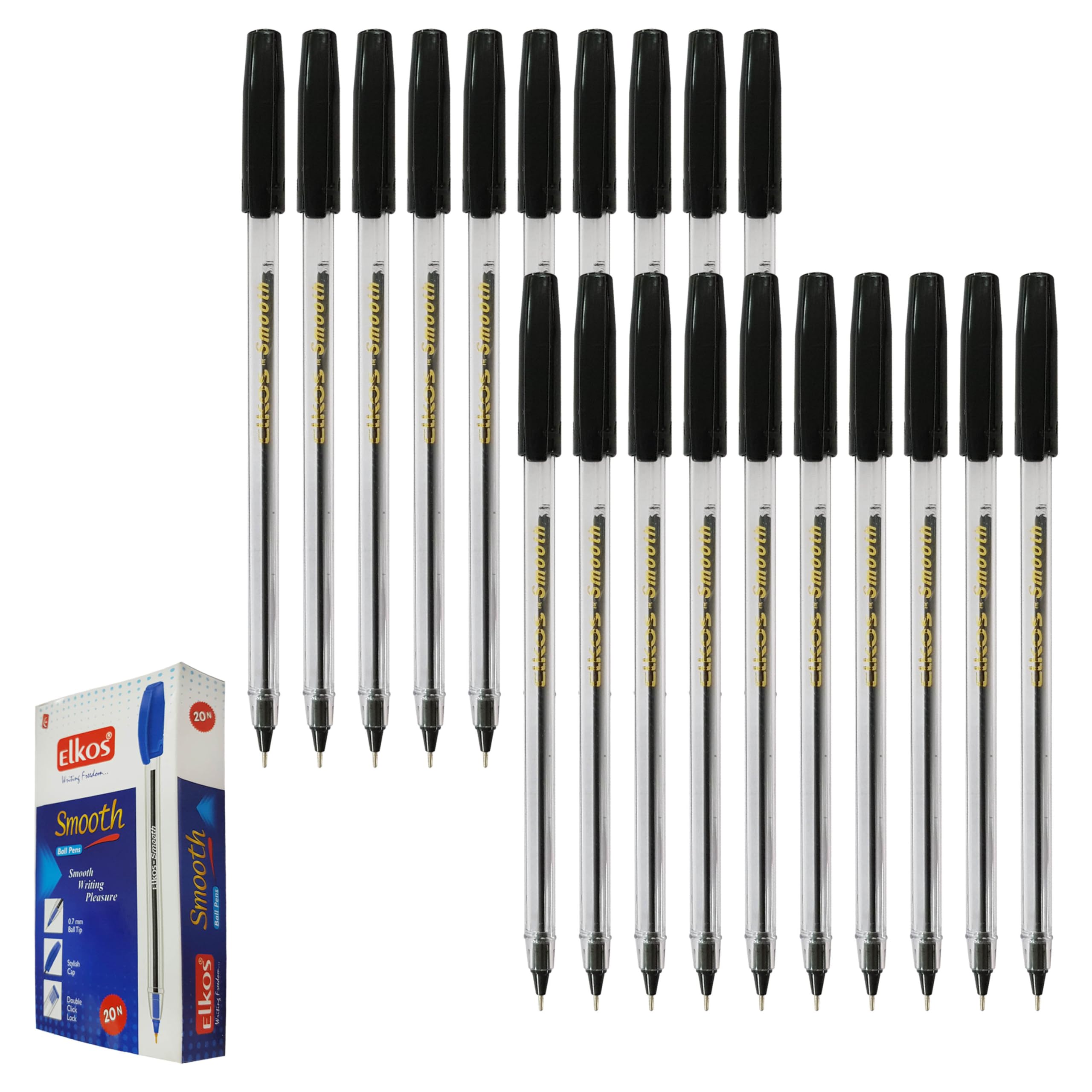 Smoothy Cristal Ballpoint Pens, BLACK, Fine Point (0.7mm), Pack of 20, Smooth Biros Ball Pens, Perfect for School Office Home Use, iZOFAX Black Ball Pen